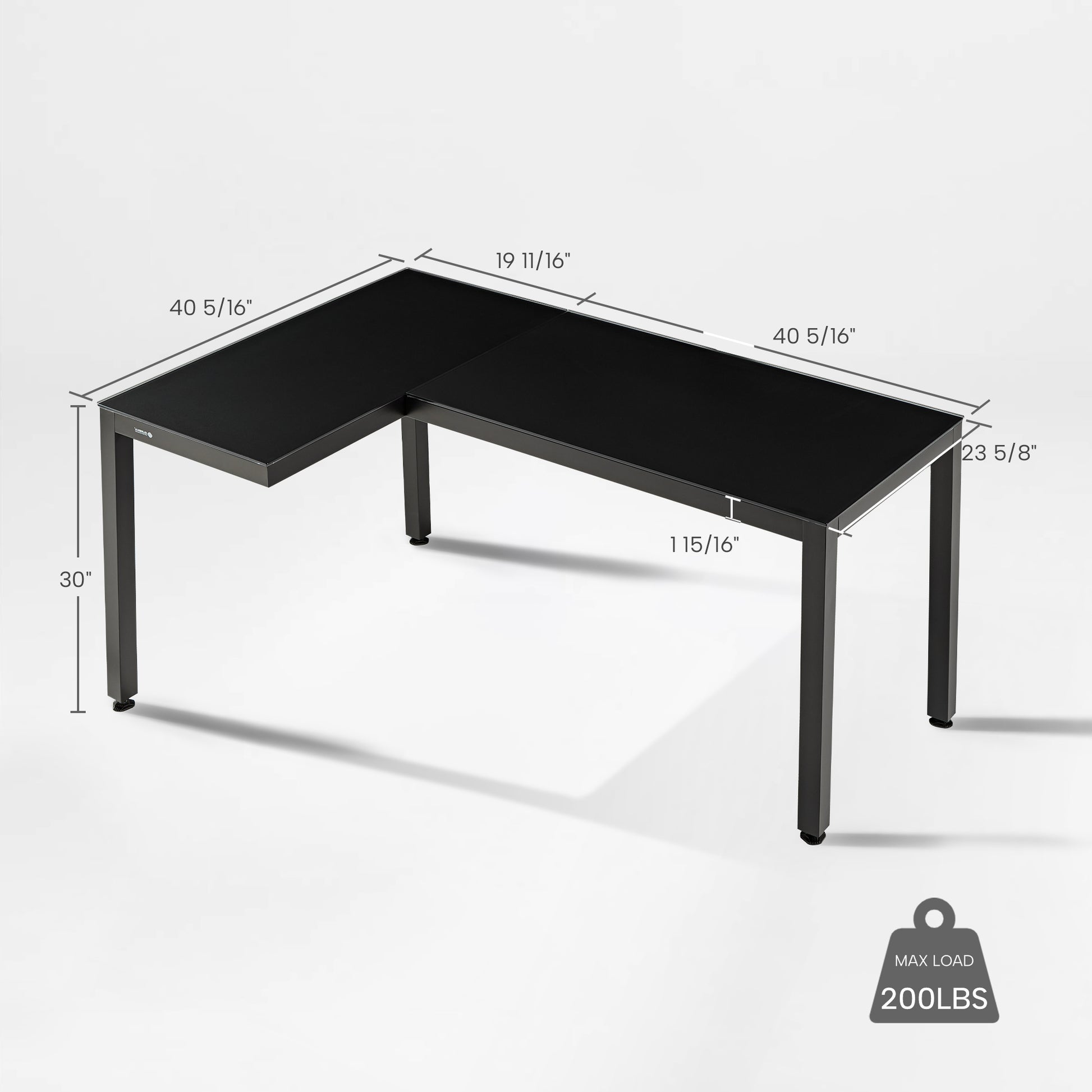 Eureka Ergonomic GTG L-shaped gaming desk dimensions: 30" height, 40 5/16" width, 23 5/8" depth. Max load 200lbs.