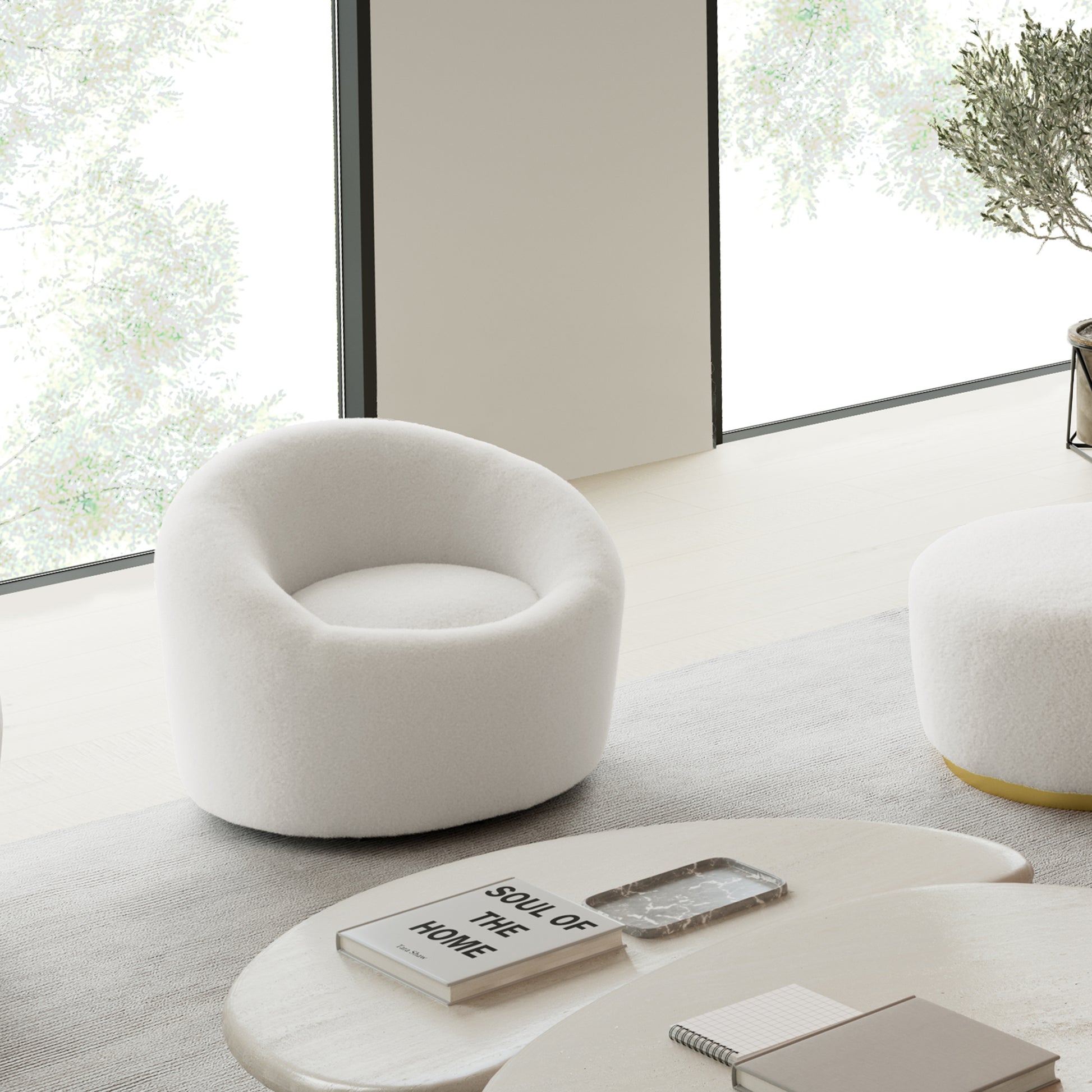 Elison Swivel Accent Chair in White Boucle Fabric, Modern Living Room Design.