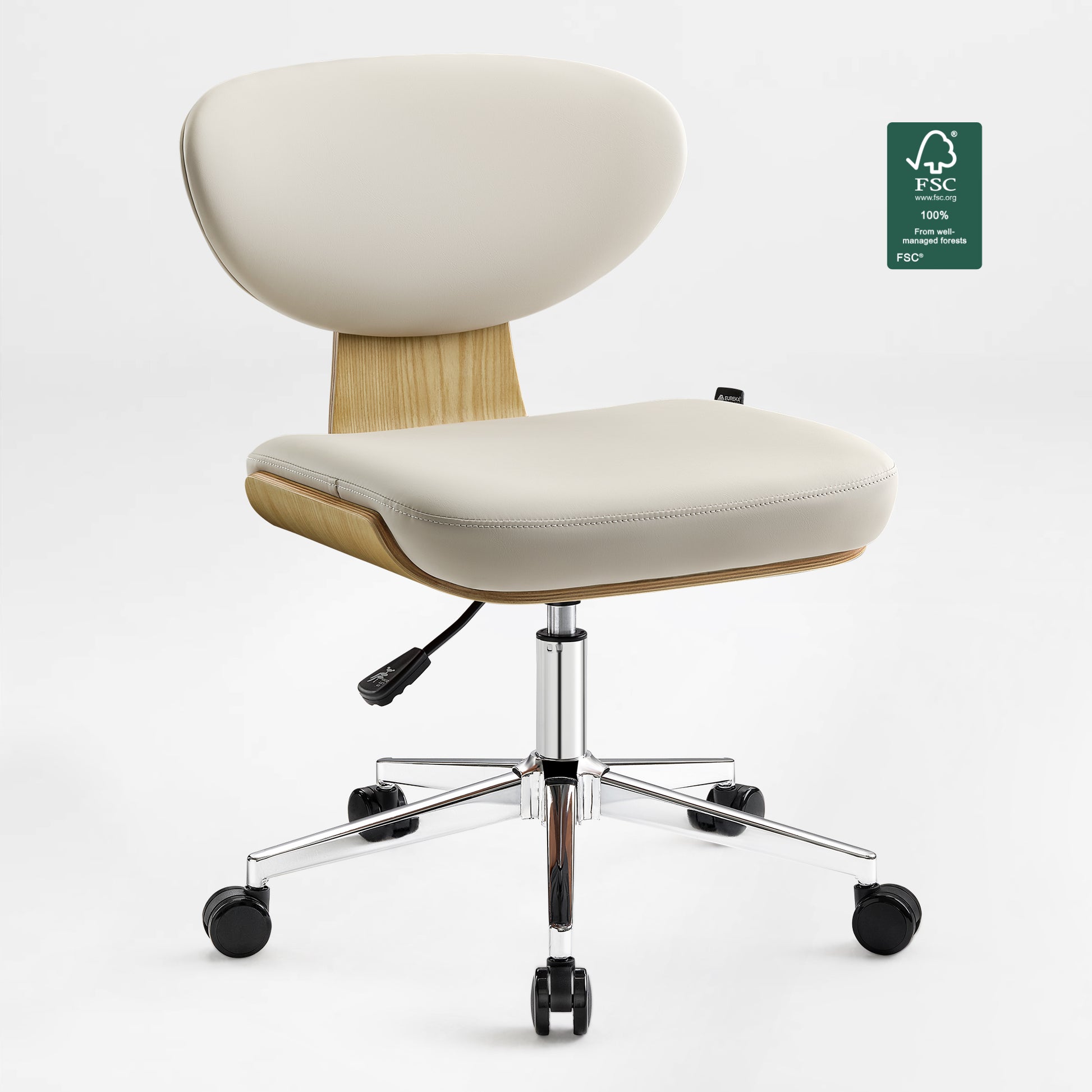 Eureka Ergonomic Off-white faux leather ergonomic armless office chair with light wood veneer shell, chrome base, and casters. FSC certified.