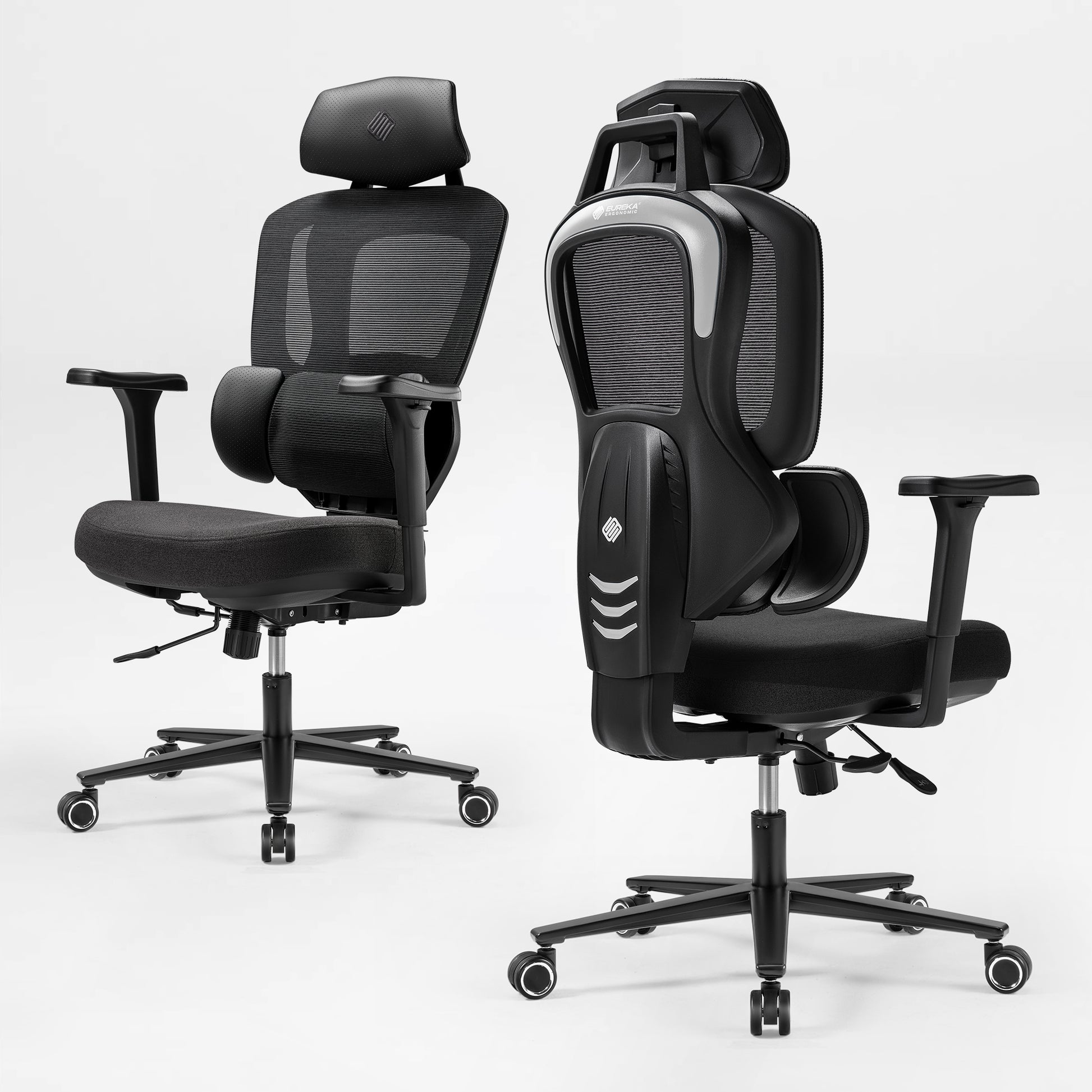 Front and back view of an ergonomic office chair, black|eurekaergonomic