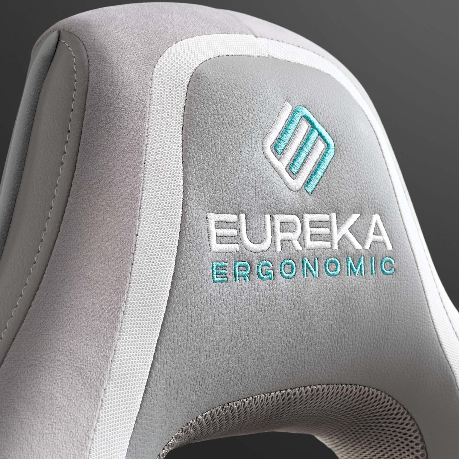 Eureka Ergonomic Vortex Gaming Chair Detail: Gray Pu Leather, Velour and Mesh With Embroidered Logo, Ergonomic Design.