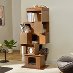 Eureka Ergonomic Pawlio 72" wooden bookshelf cat tree with three cats lounging, integrated into a modern living room.