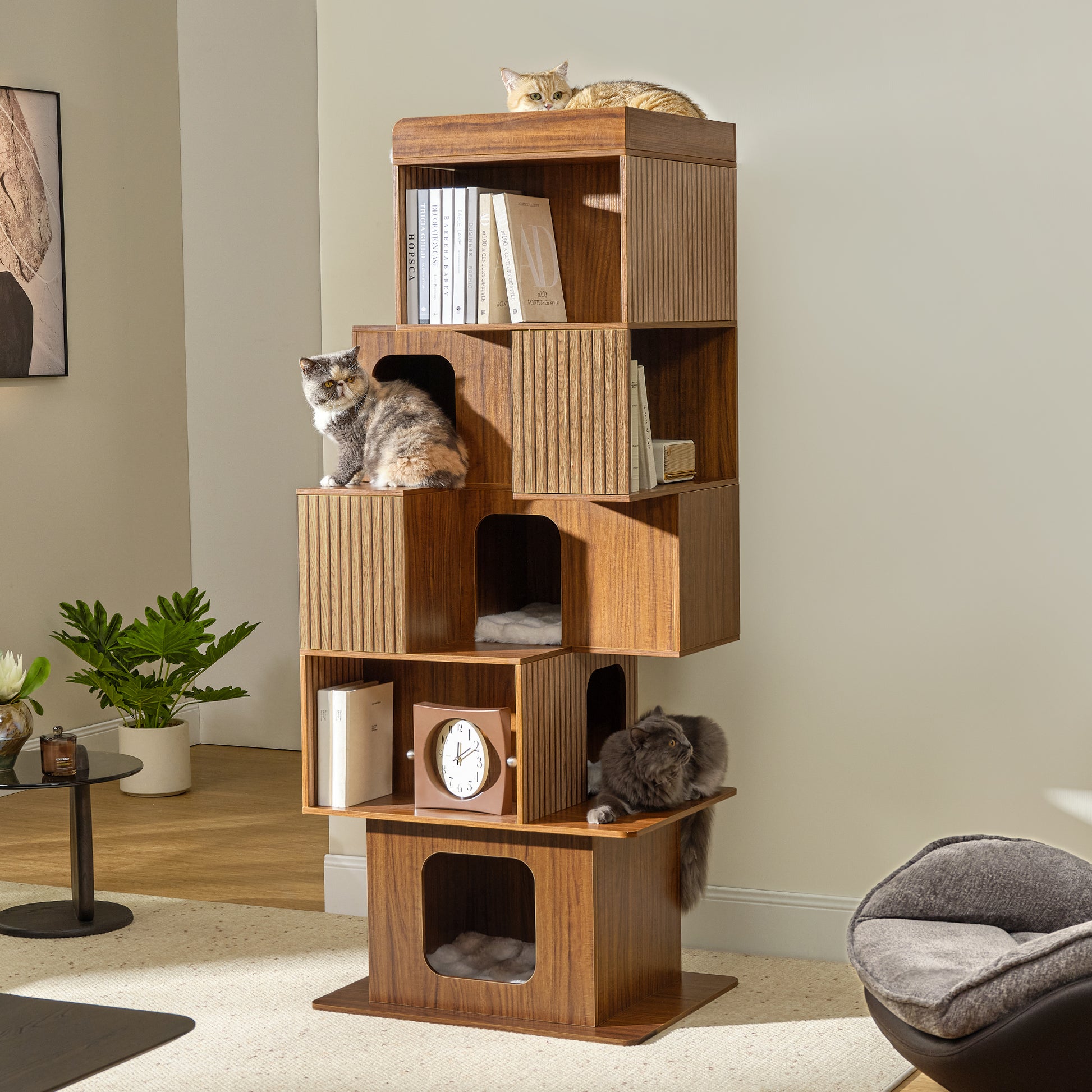 Eureka Ergonomic Pawlio 72" wooden bookshelf cat tree with three cats lounging, integrated into a modern living room.