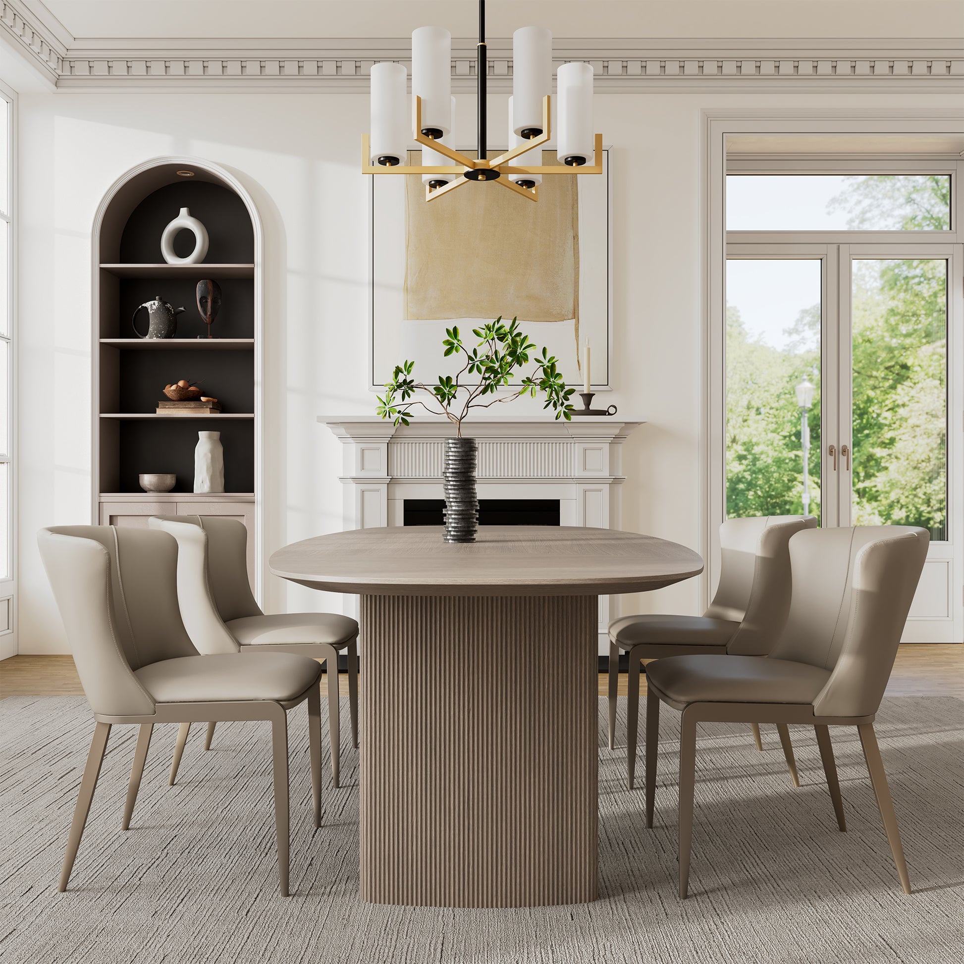 Stella Oval Dining Table in Gray With Chairs, Modern Dining Room Interior.