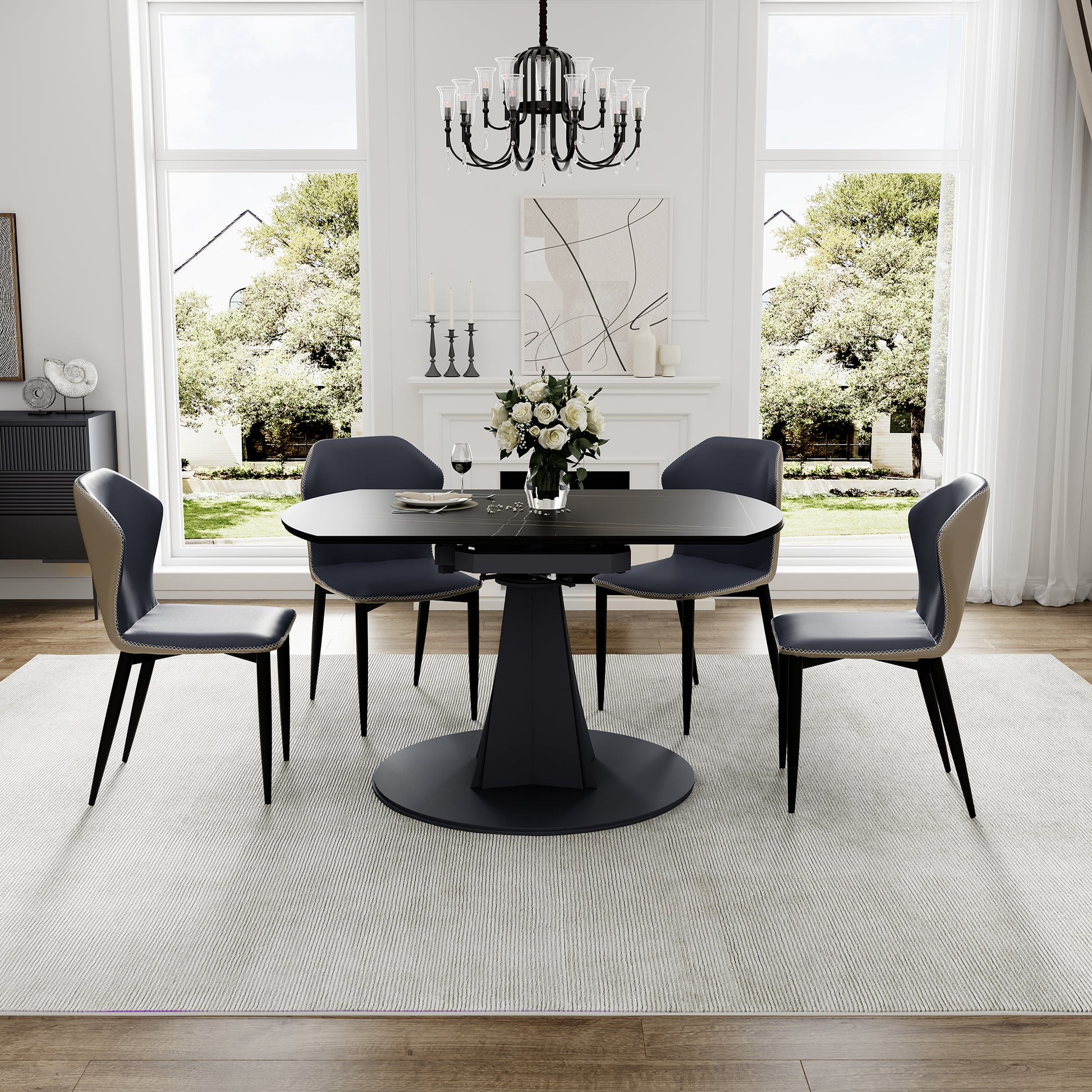 Amelia Round Extending Dining Table, Black Granite-Style Tabletop, Gray Chairs, Modern Dining Set.