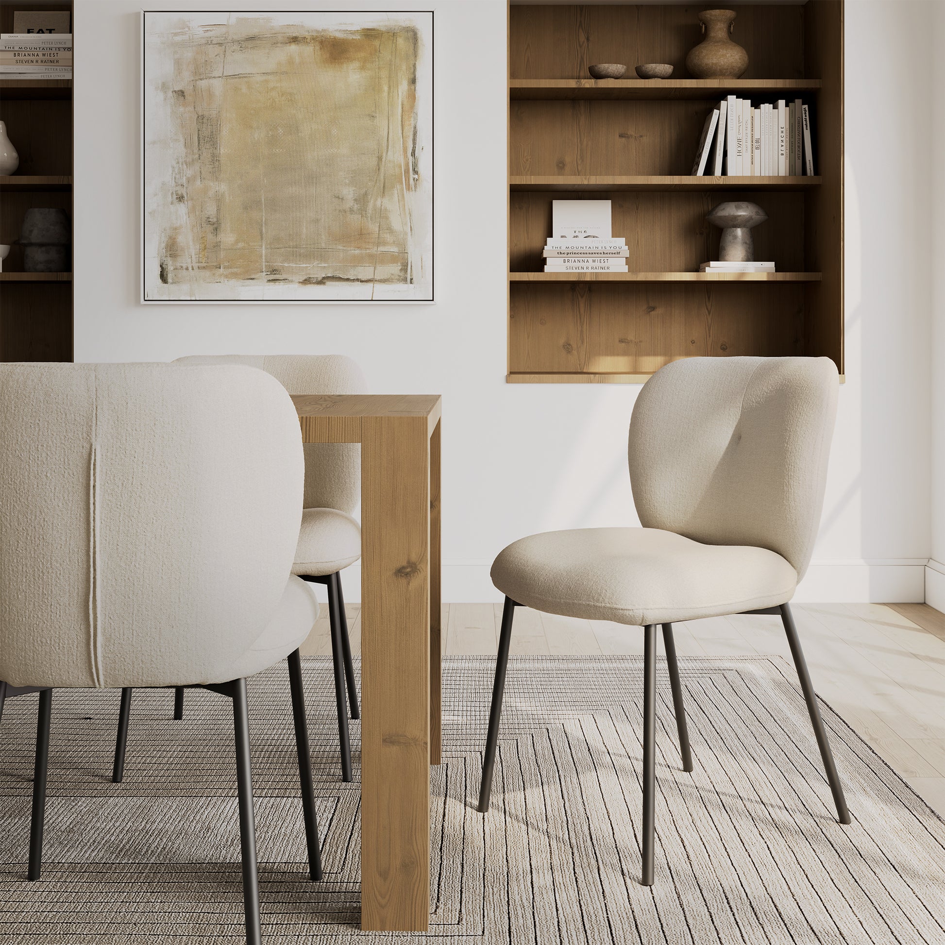 Sage Dining Chairs Set in Modern Dining Room. Off-White Upholstery and Black Metal Legs.