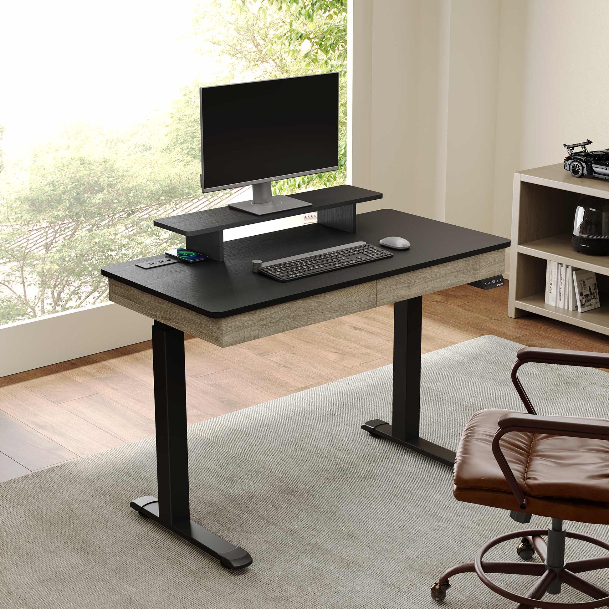 Eureka Ergonomic 47 Standing Desk With Drawer, Black Top & Wood Finish in Home Office Setting.
