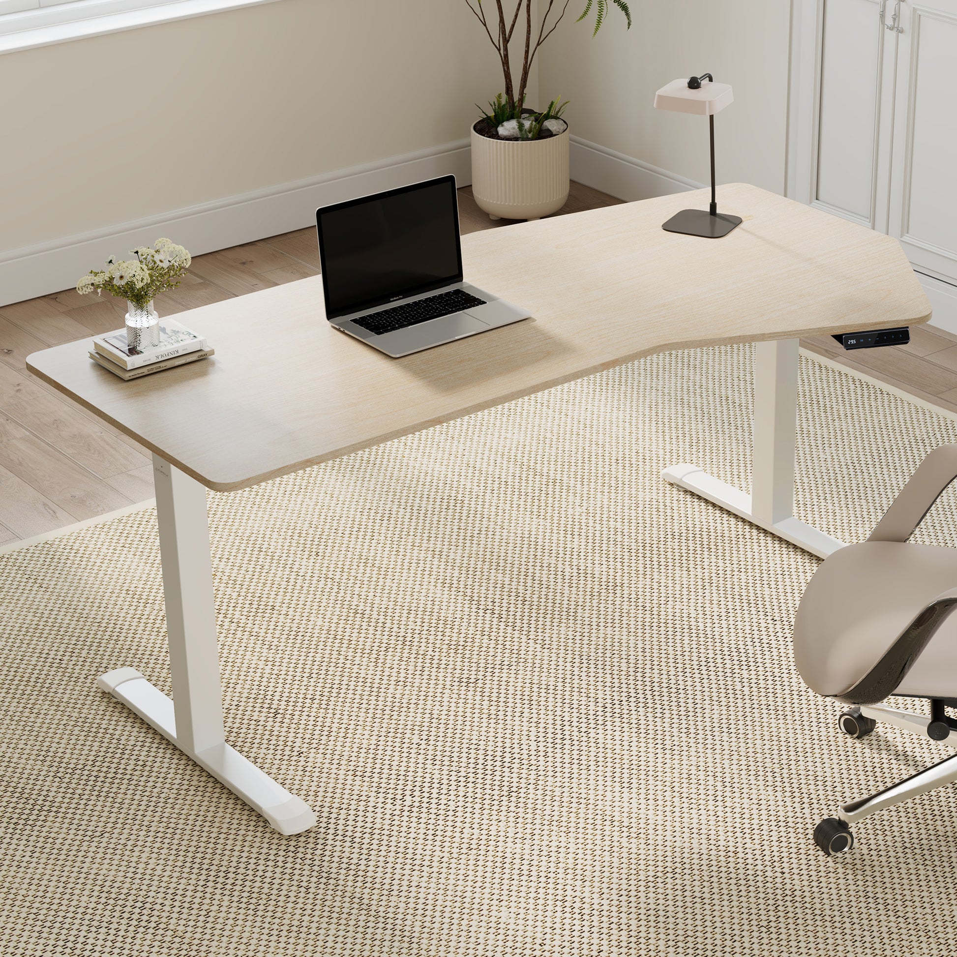 Eureka Ergonomic 70-Inch Heptagon Standing Desk With Laptop, Wood Veneer, Height Adjustable, Home Office Setup.