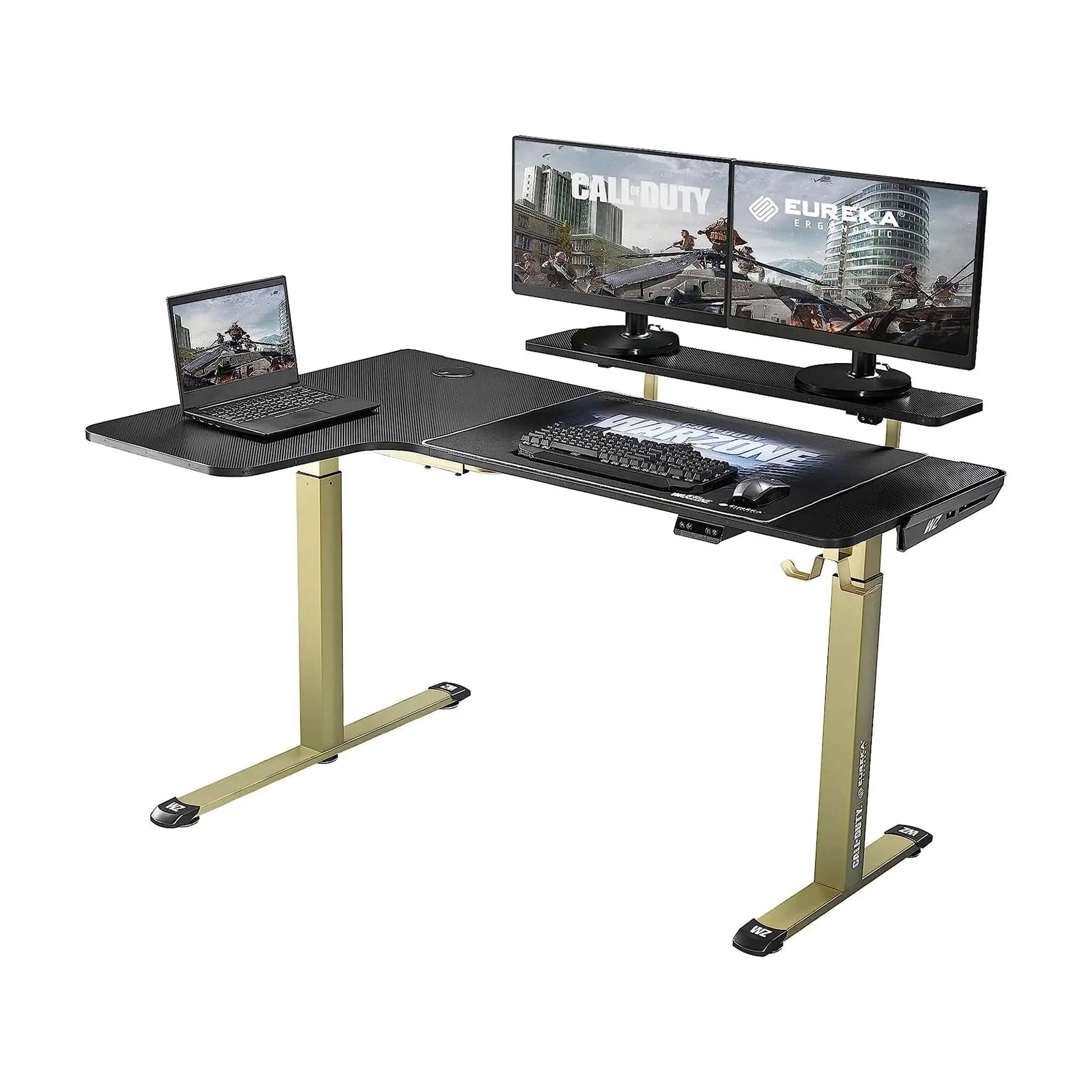 Eureka Ergonomic Call of Duty gaming standing desk with gold accents, dual monitors, keyboard, and Warzone mousepad.
