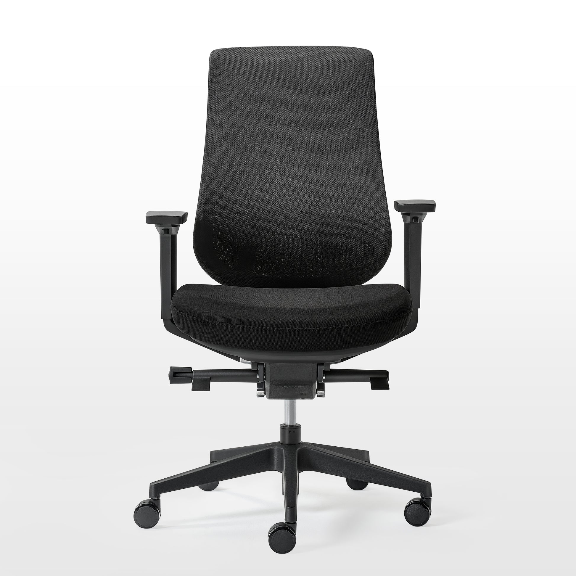 Eureka Ergonomic Lira ergonomic office chair, front view, black fabric seat and back, black armrests, five-star base with casters.