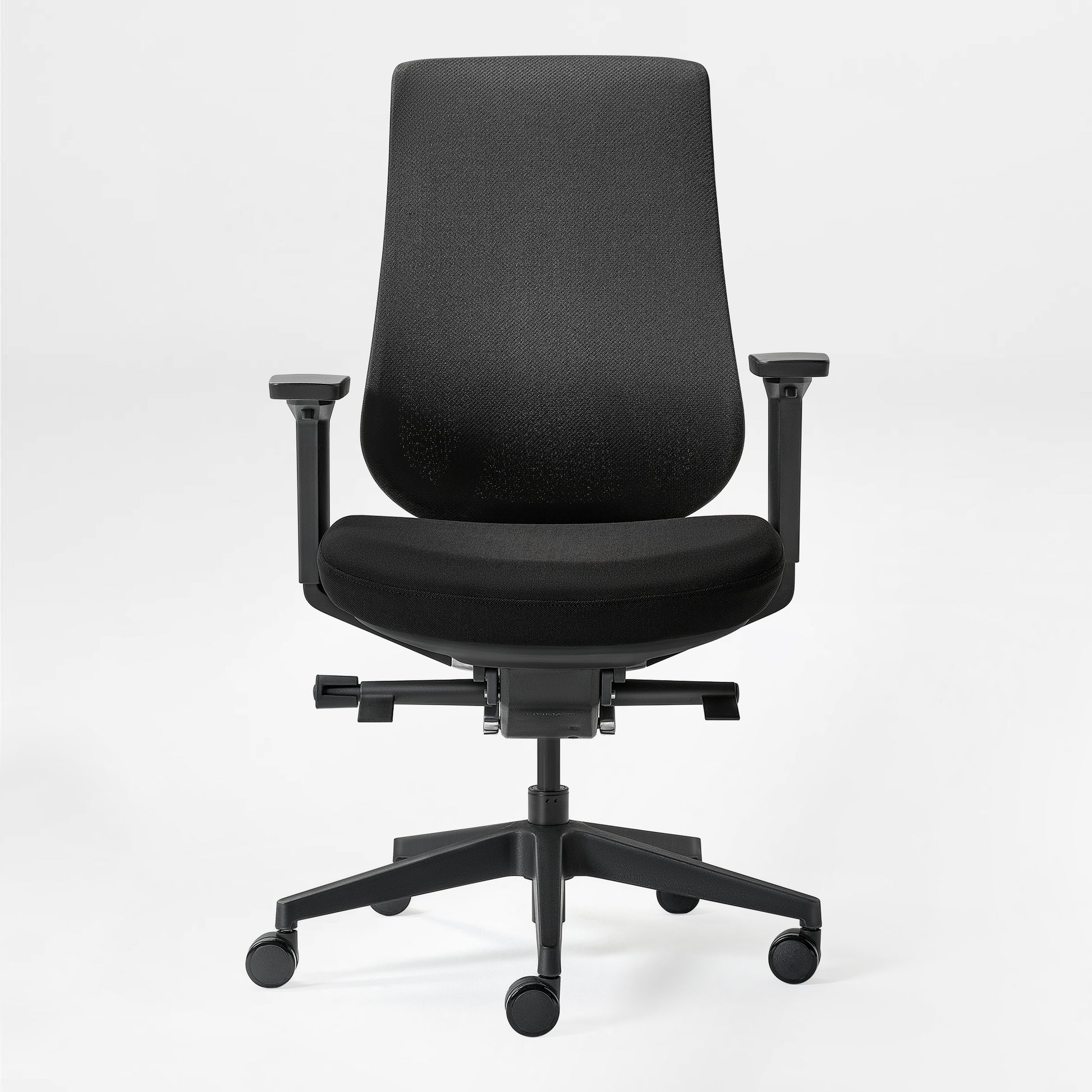 Eureka Ergonomic Lira ergonomic office chair, front view, black fabric seat and back, black armrests, five-star base with casters.