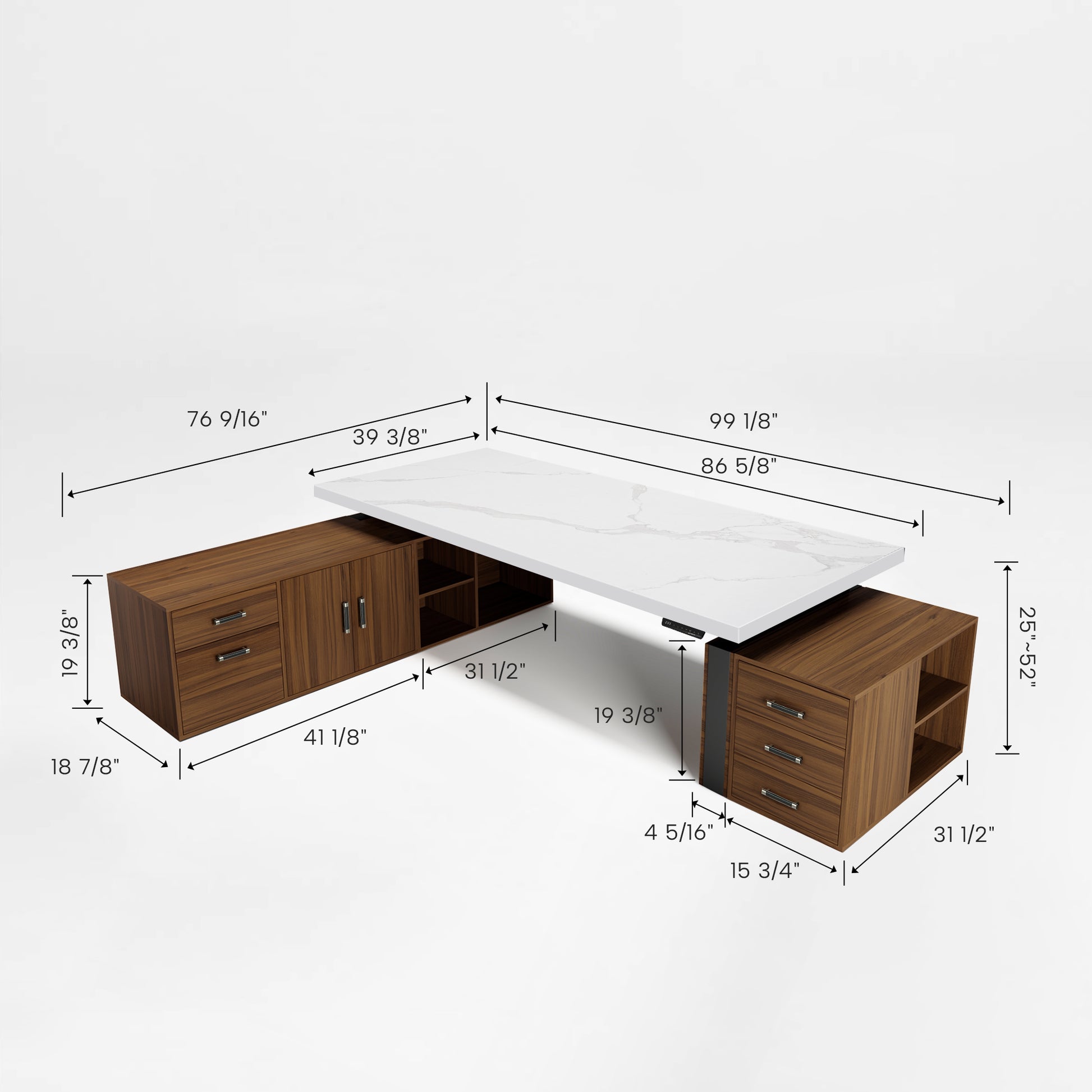 Eureka Ergonomic Zen Pro Executive Standing Desk, Dimensions Labeled, Sintered Stone Top and Wood Cabinets.