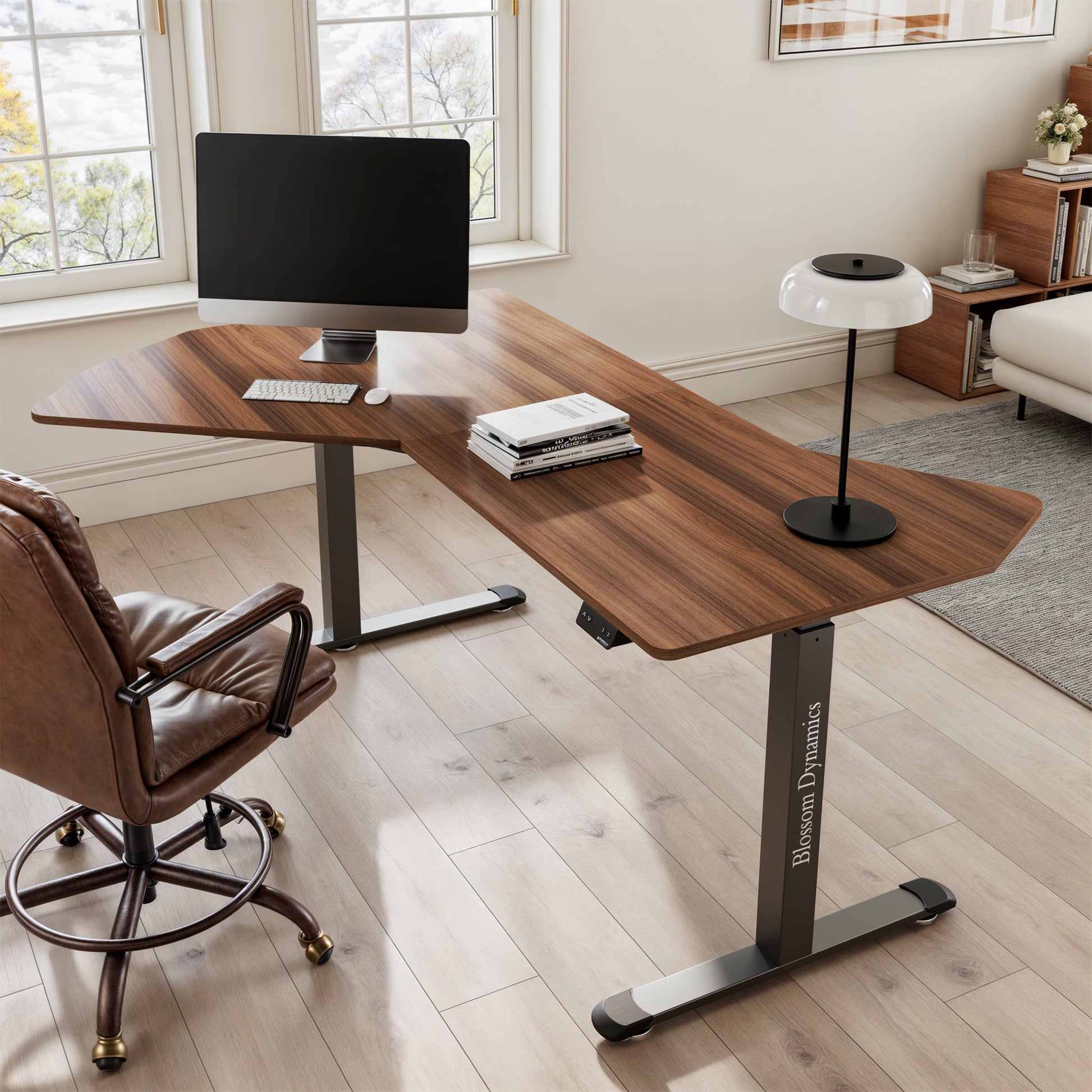 Eureka Ergonomic Blossom Dynamics 70-inch L-shaped standing desk with dark wood grain finish and modern computer setup.