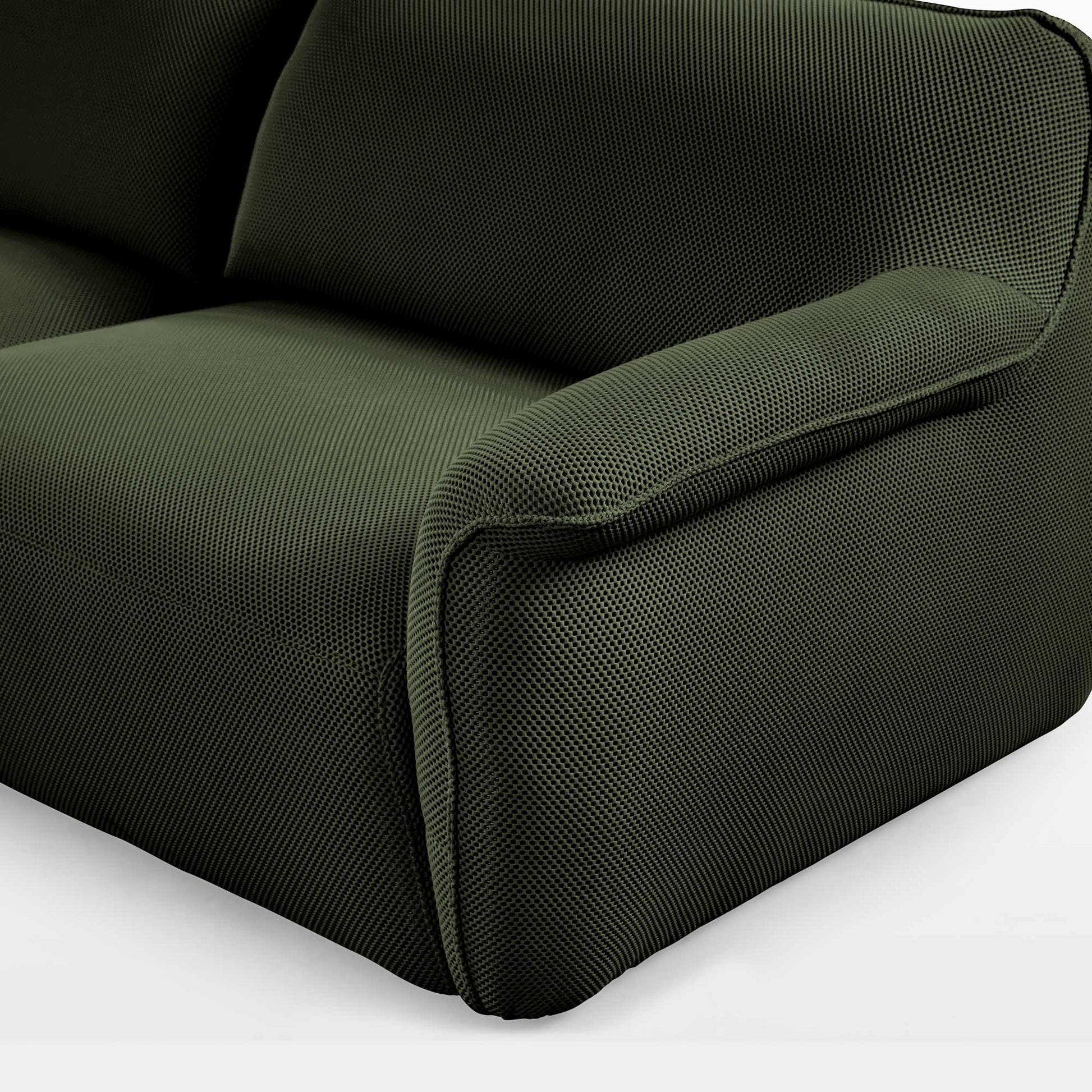 Vero Power Sleeper Sofa Detail in Olive Green Techno 3D Mesh Fabric, Modern Design.