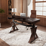 Ark Sws Pro Executive Standing Desk With Dark Wood Finish, X-Shaped Legs in a Modern Home Office Setup.