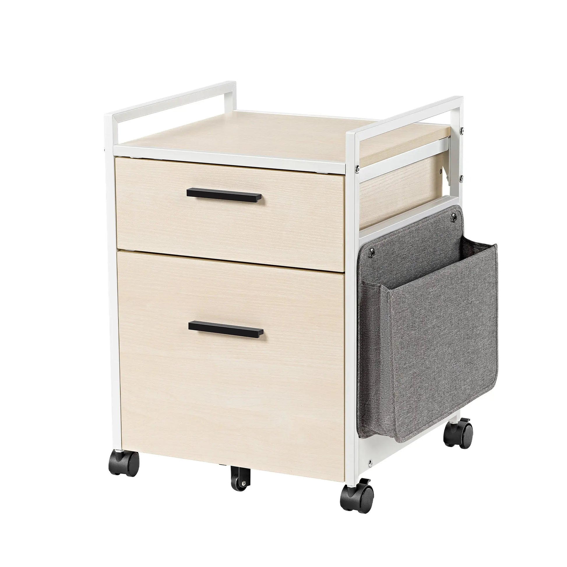 Light Wood Rolling File Cabinet With Drawer and Fabric Storage, Perfect for Office Organization.