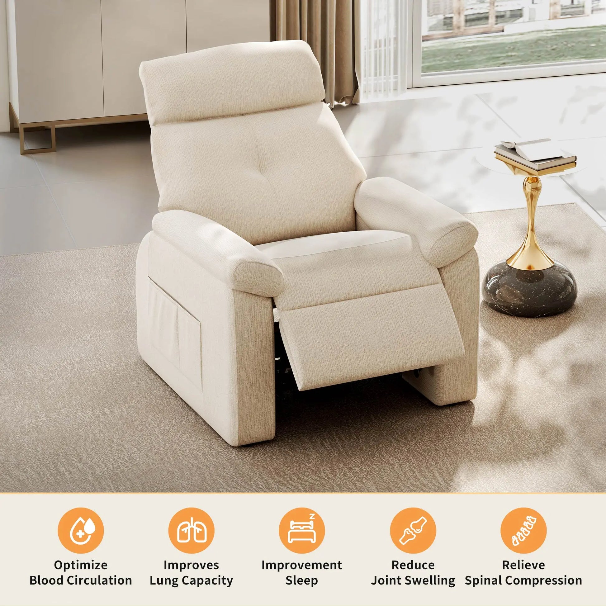 Henry-Armrest Zero Gravity Recliner Chair in Beige Cotton-Linen Fabric, Offering Health Benefits and Comfort.