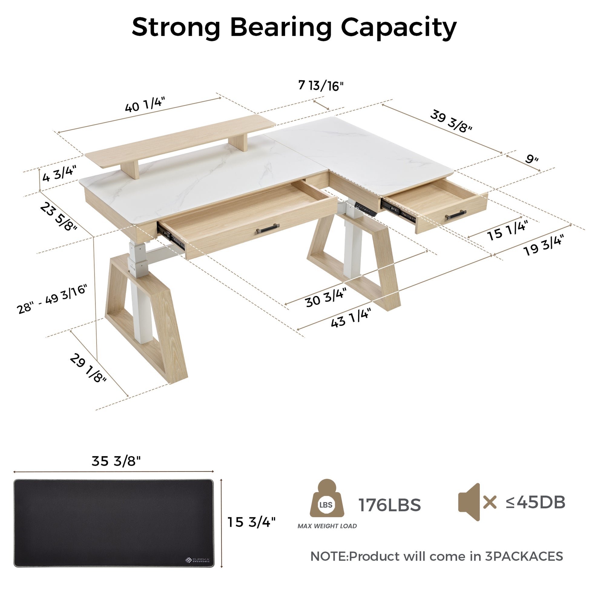 Ark Pro L-Shaped Standing Desk Dimensions, Black Sintered Stone, Height Adjustable, Featuring Dimensions and Max Weight Load.