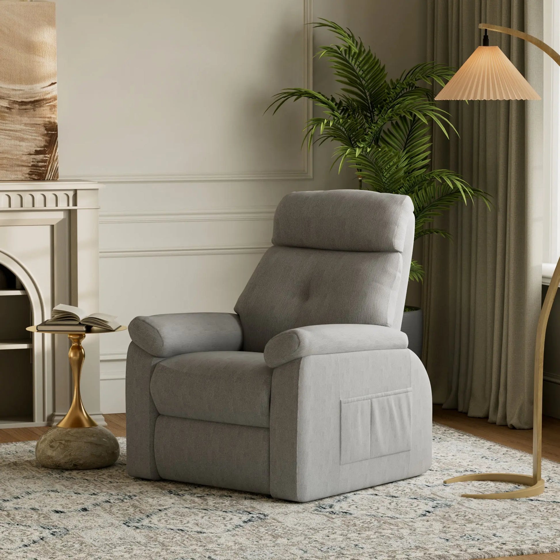 Grey Henry-Armrest Power Recliner Chair in a Living Room Setting With Cotton-Linen Fabric, and a Side Pocket.
