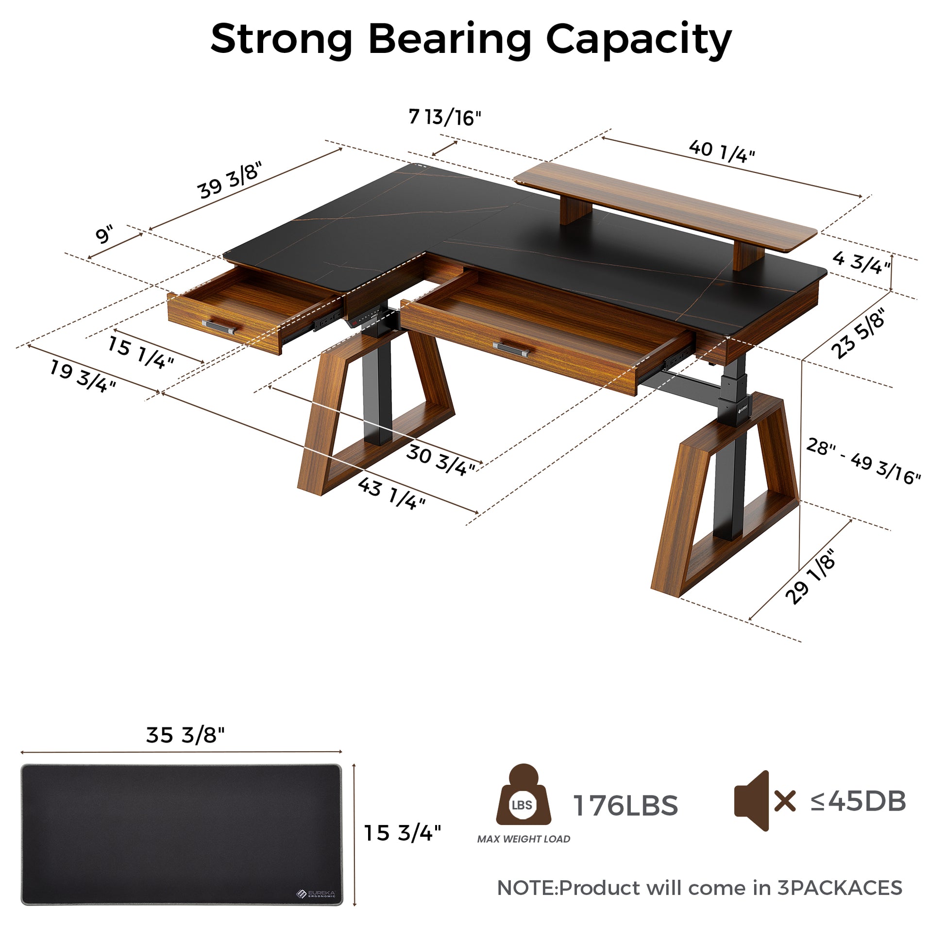 Eureka Ergonomic Ark Pro L-Shaped Standing Desk Dimensions With Black Sintered Stone Top, Height Adjustable, 176Lbs Max Load.