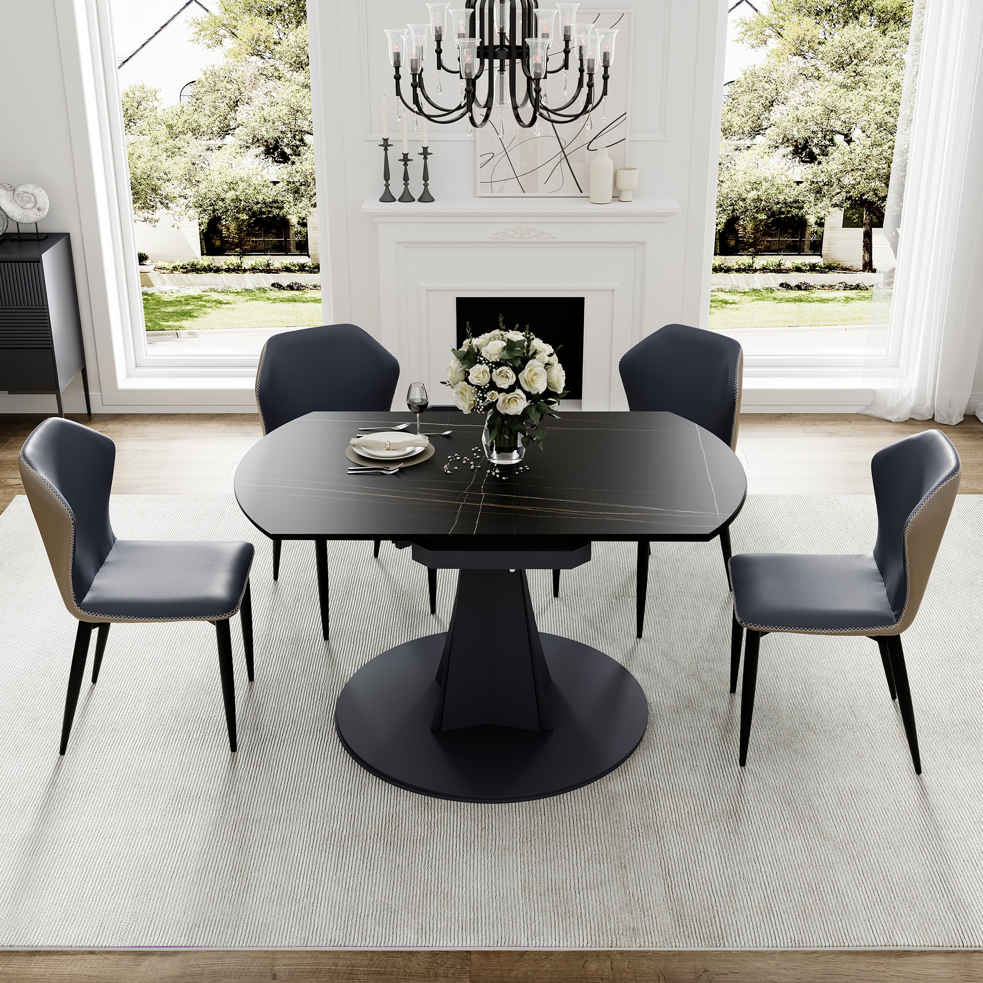 Amelia Round Extending Dining Table With Black Granite Top and Gray Chairs, Modern Dining Set.