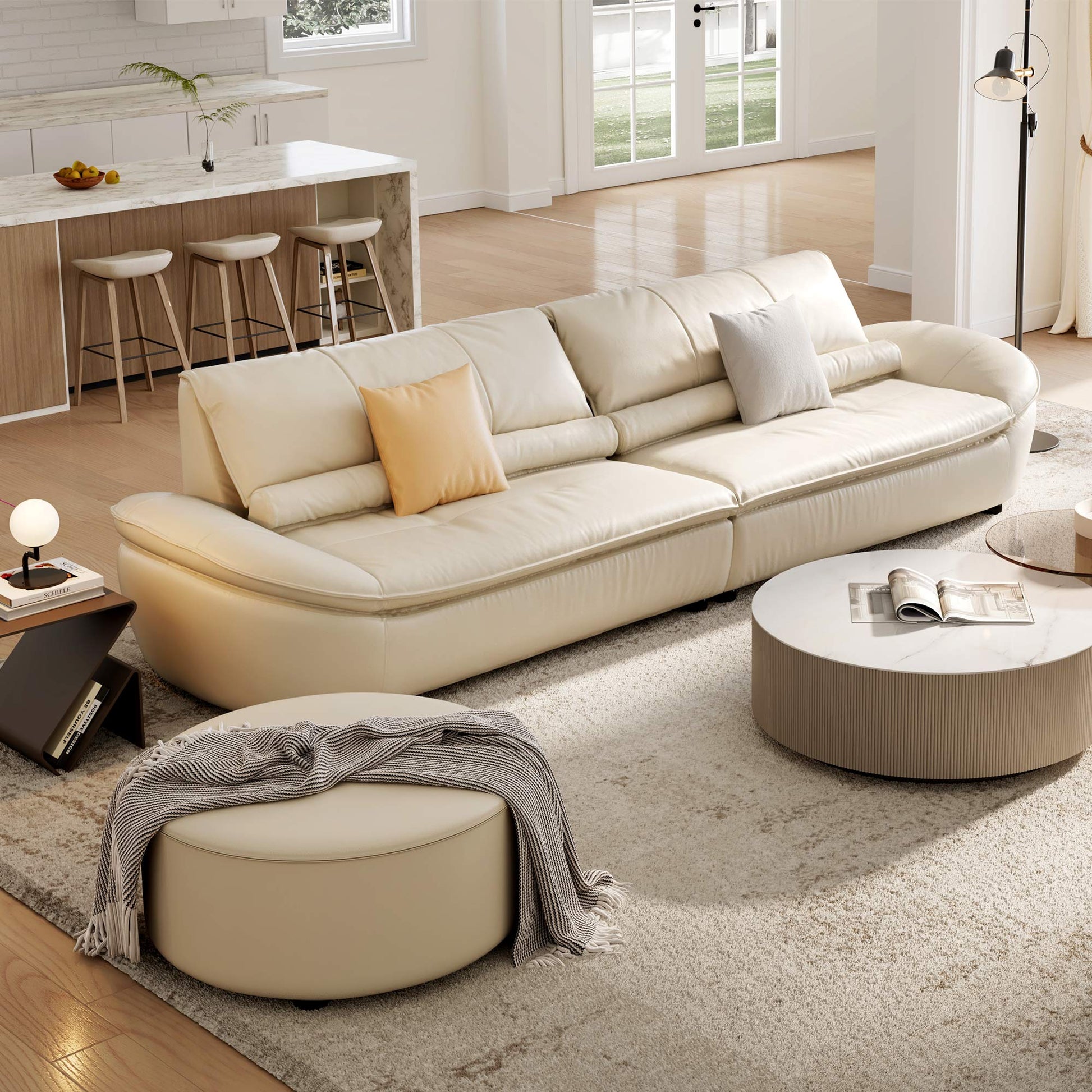 Bella Beige Napa Leather Sofa in a Modern Living Room, Ergonomic Design With Premium Seating.