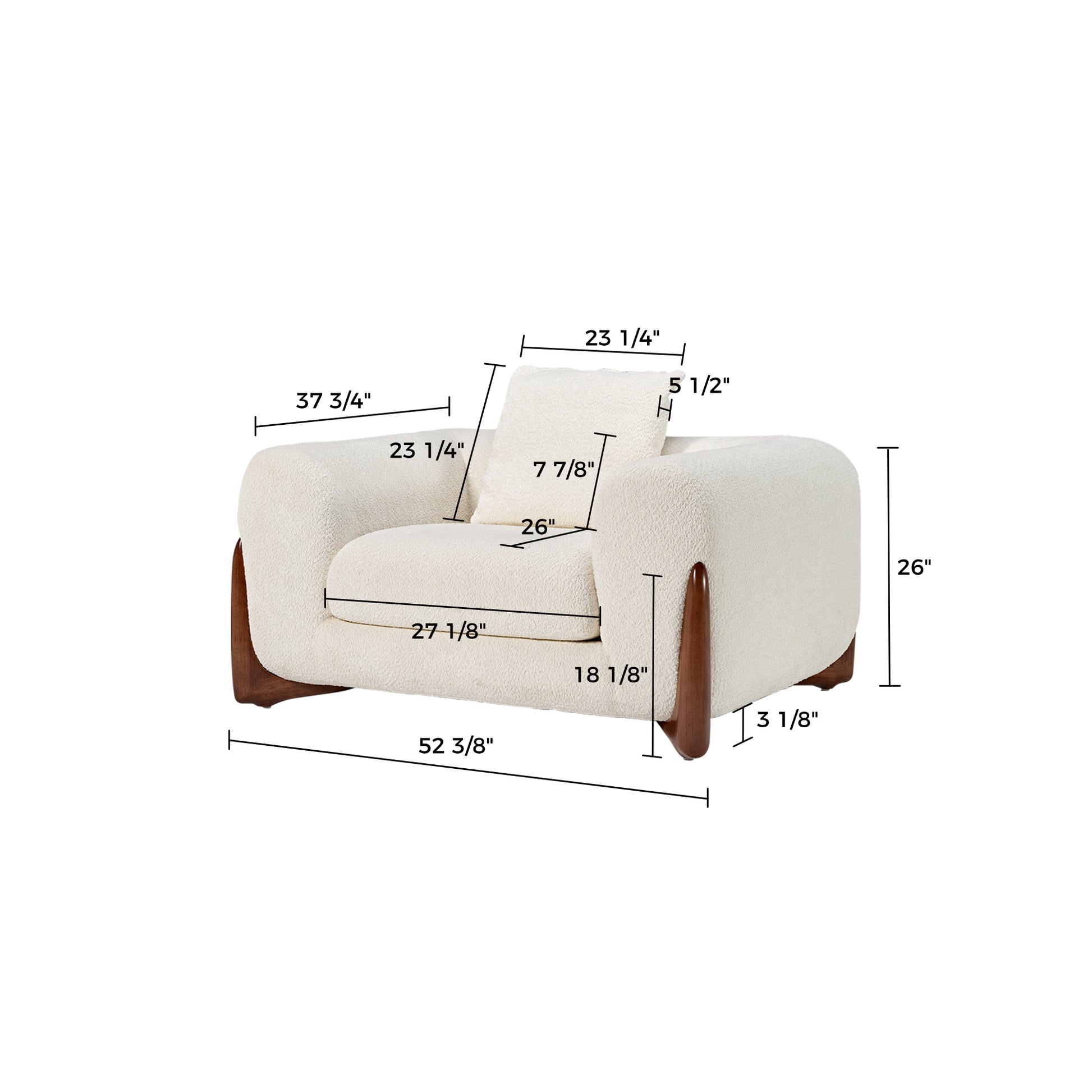 Rowan Accent Chair, Off-White Boucle Fabric, With Dimension Details, Modern Design, Ergonomic Comfort, Wooden Legs.