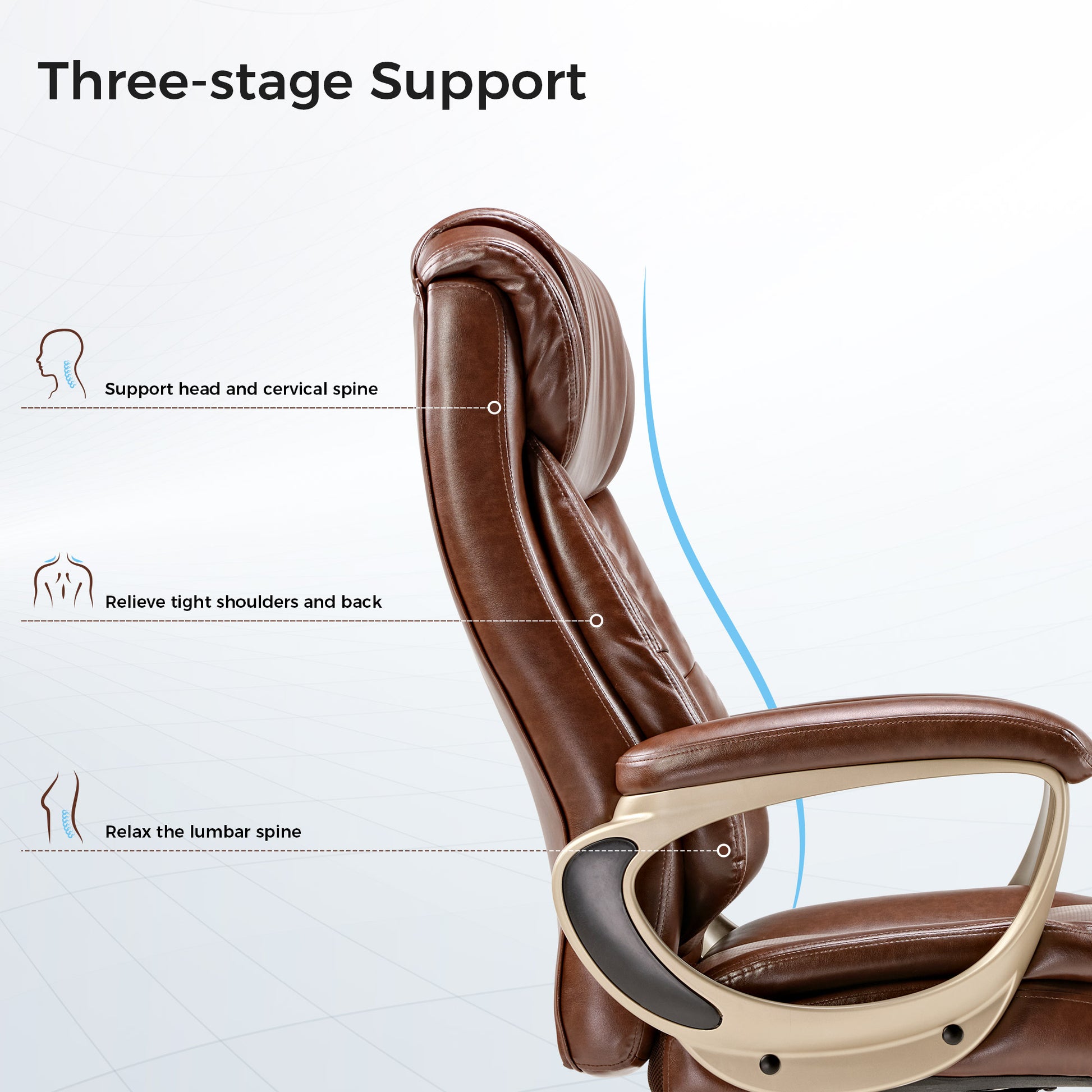 Preston Executive Office Chair With 3-Stage Support: Head, Shoulder, and Lumbar, Ergonomic Design, Brown Pu Leather.