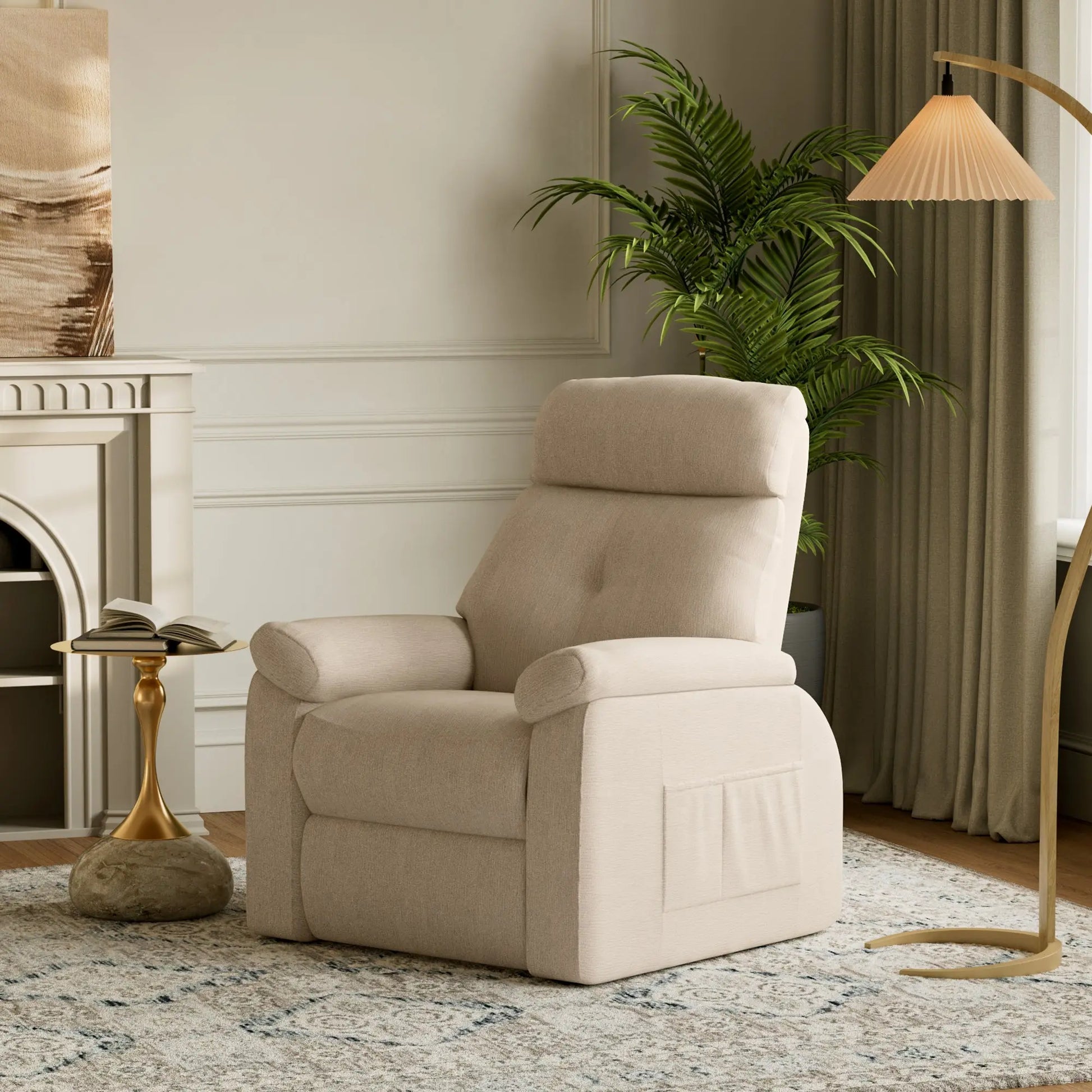 Beige Henry-Armrest Power Recliner Chair in a Living Room Setting; Cotton-Linen Fabric and Zero-Gravity Features.