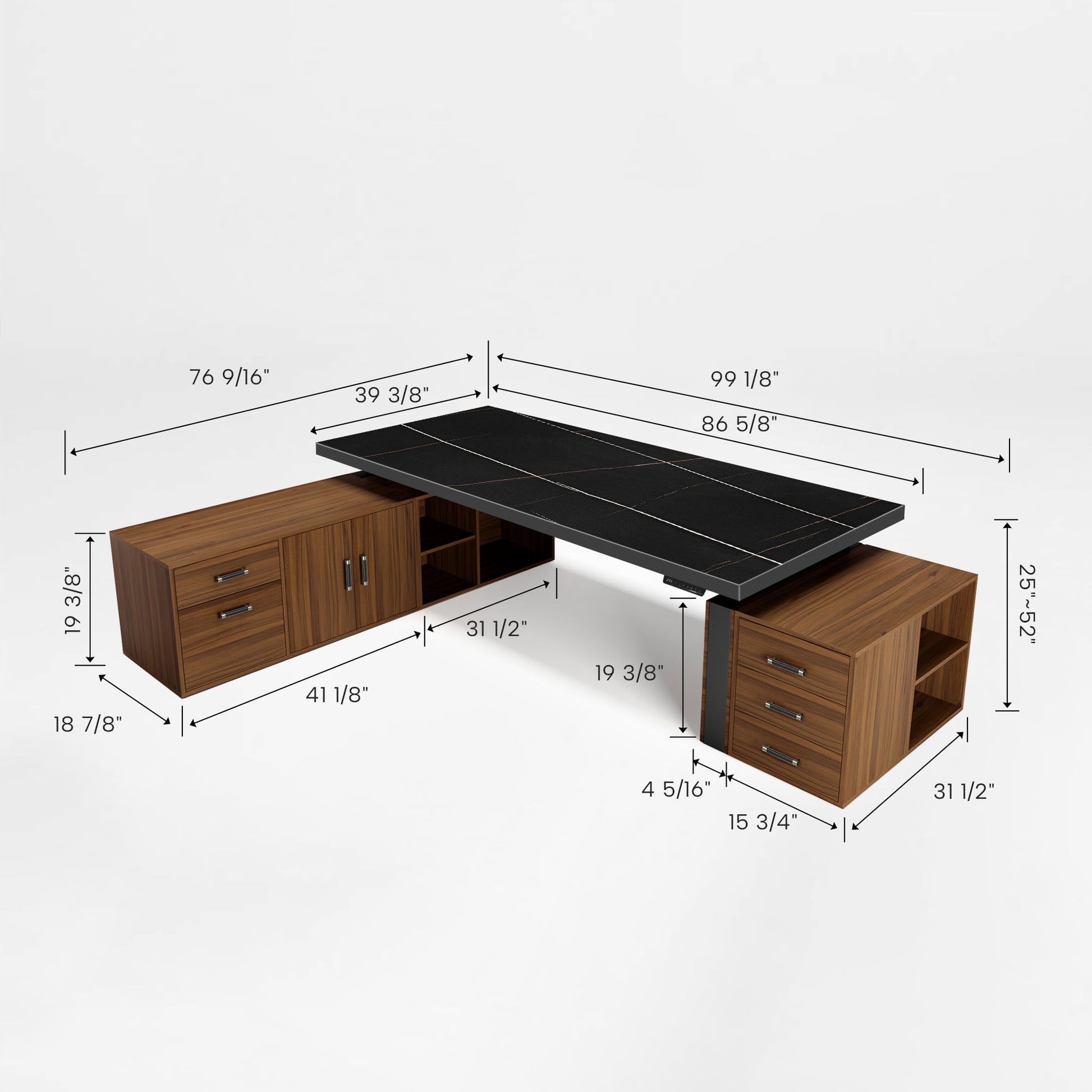 Eureka Ergonomic Zen Pro Executive Desk, Dimensions Labeled, Black Sintered Stone Top, Wood Cabinets.