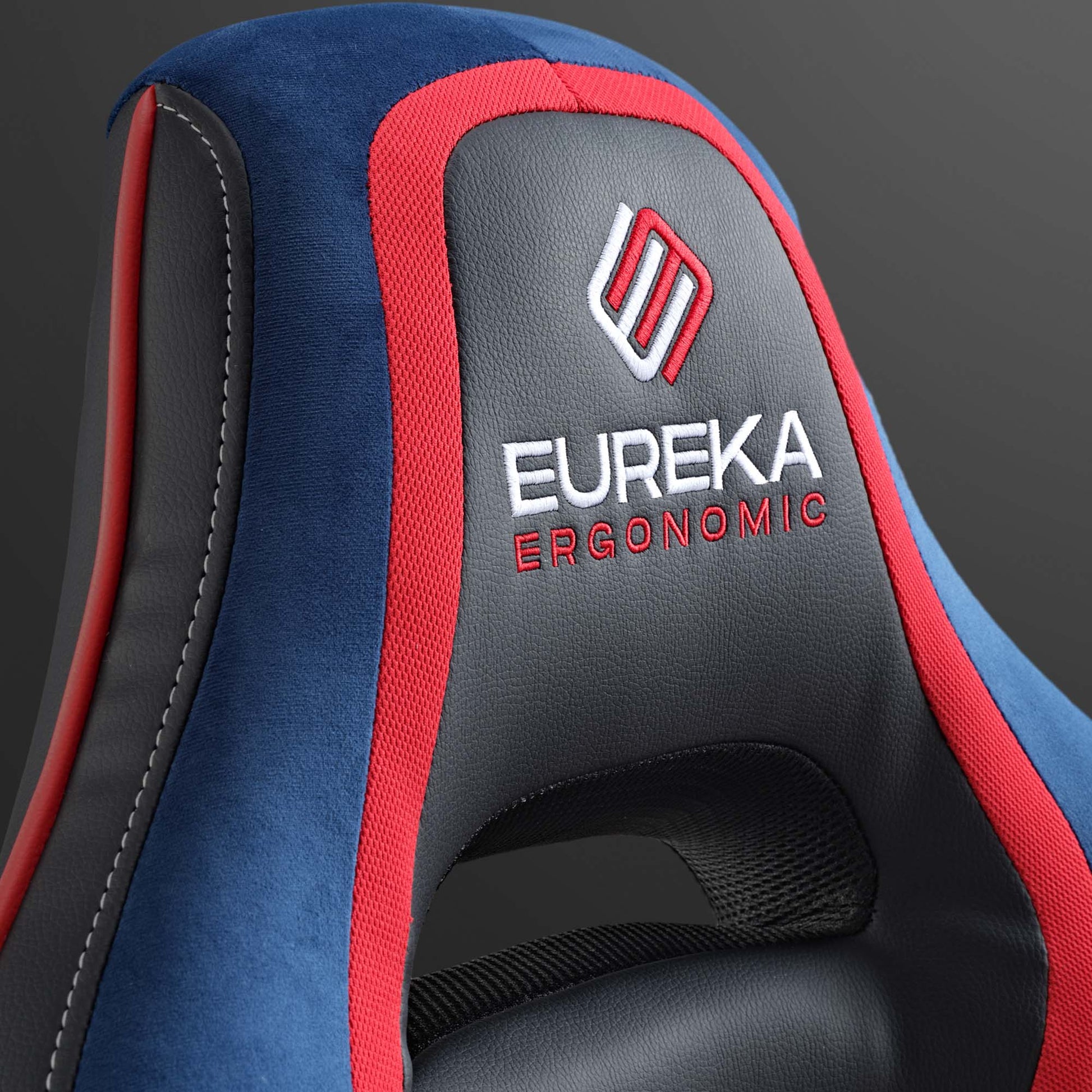 Eureka Ergonomic Vortex Gaming Chair Backrest Detail: Blue Velour and Red Accents With Embroidered Logo.
