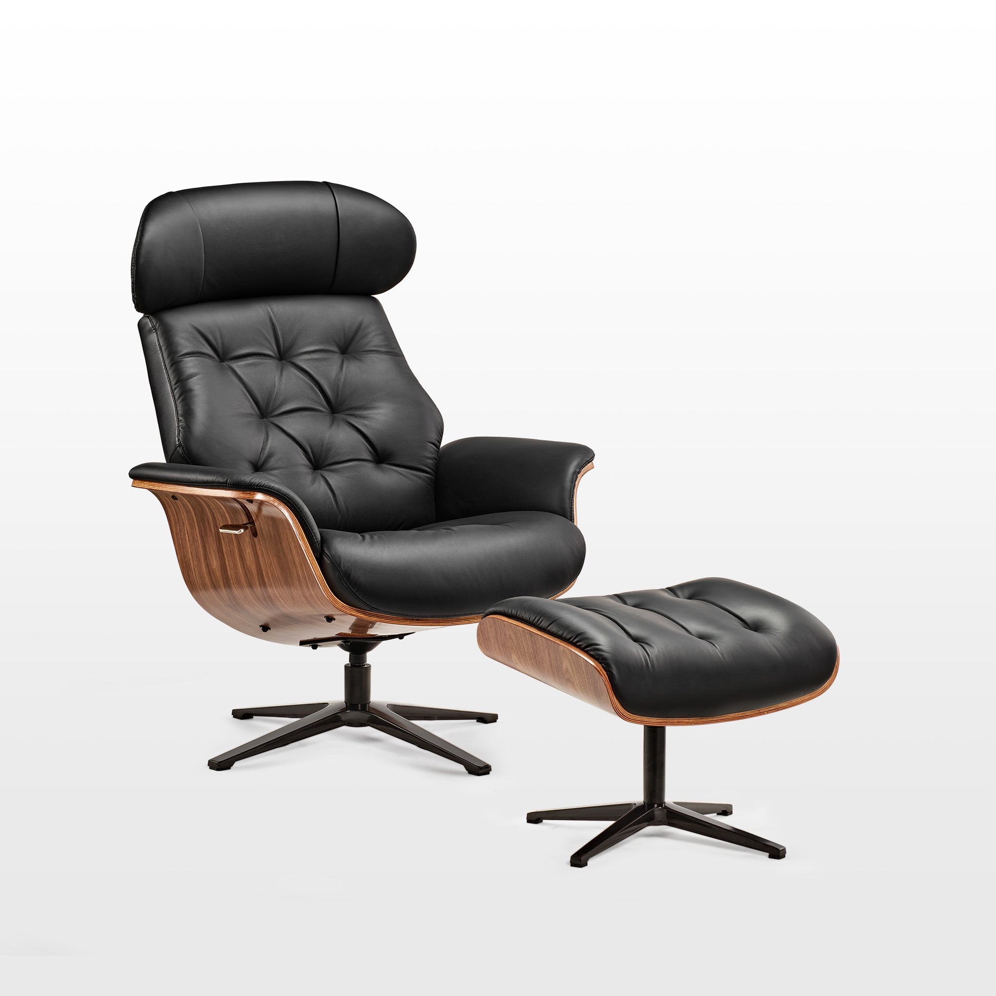 Matteo Lounge Chair and Ottoman in Black Leather With Wooden Accents, Ergonomic Design.
