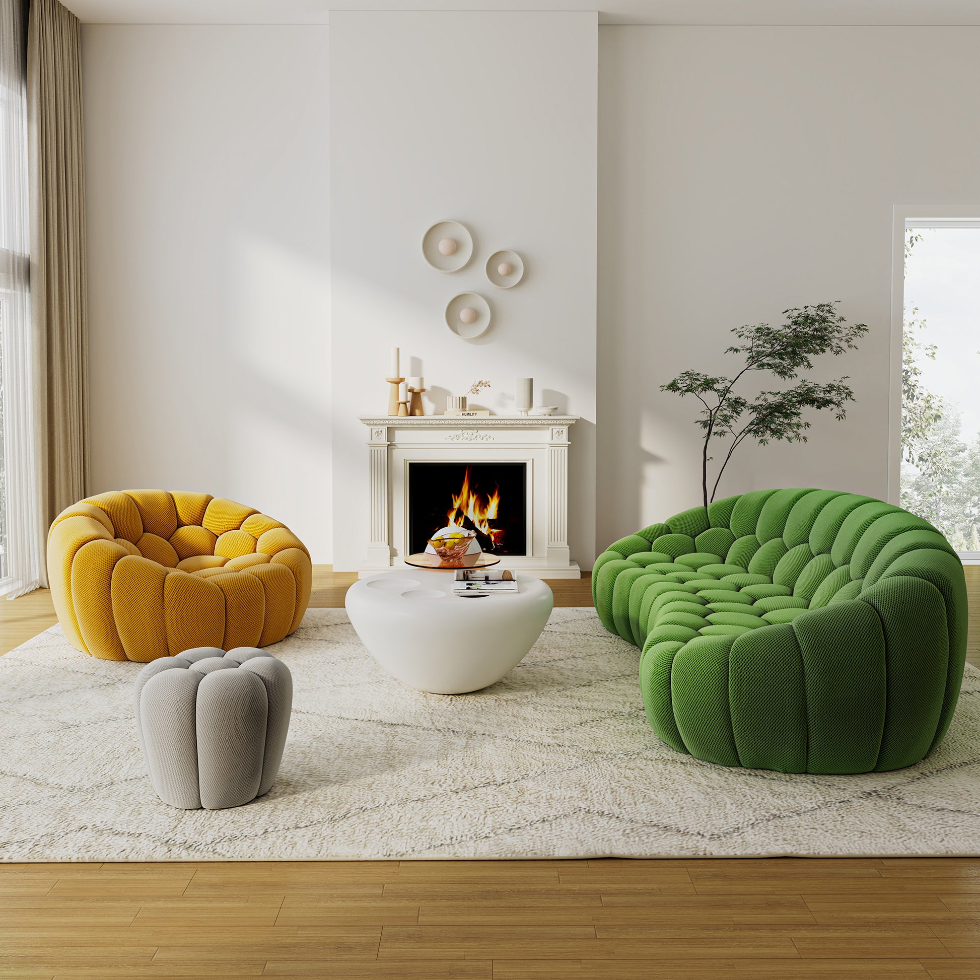 Modern Living Room With Yellow and Green Accent Chairs, Featuring the Luca Modern Chair Design.