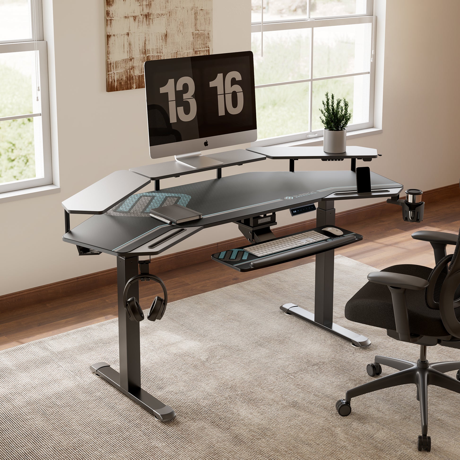 Eureka Ergonomic Aero Pro Wing-Shaped Standing Desk With Accessories, a Modern Ergonomic Desk Setup.