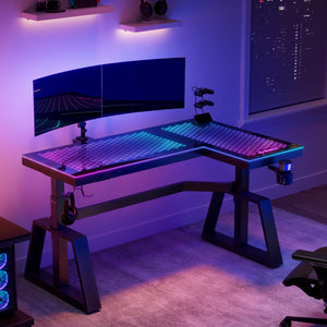 GTG-L60 PRO, L-Shaped Glass Desktop Gaming Standing Desk, Black-colored, Right Sided, RGB Light Up Gaming Desk, Glass Top, Lifestyle Dual Monitor