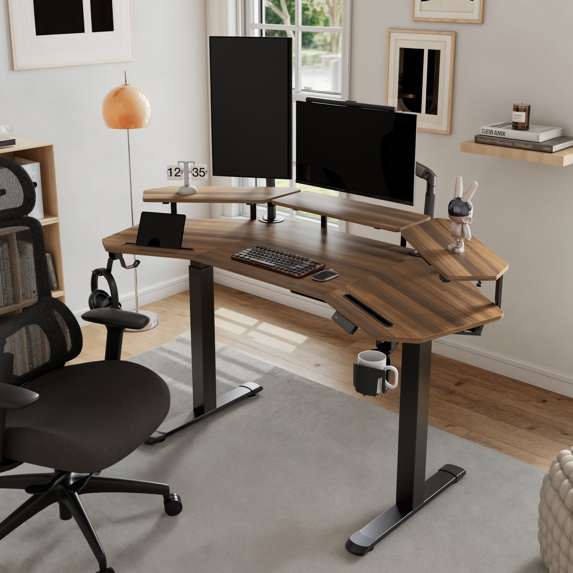 Eureka Ergonomic Aero Pro Standing Desk With Dual Monitors, Wood Grain Finish, Ergonomic Home Office Setup.