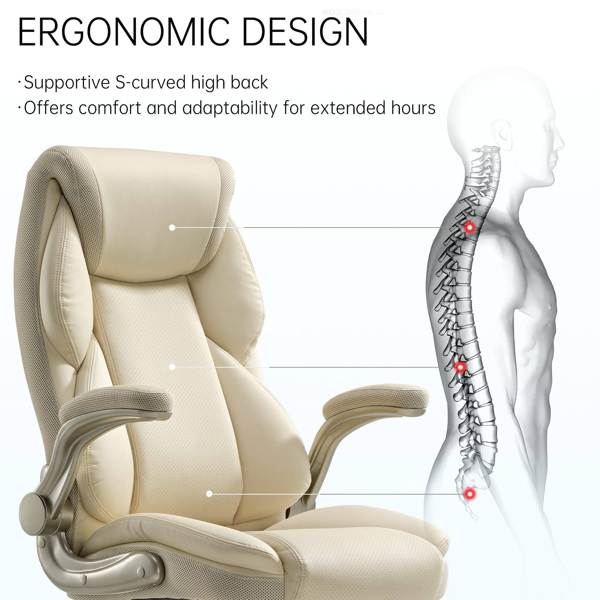 Galene, Home Office Chair, Off-White, Ergonomic Design Supportive S-curved high back, offers comfort and adaptability for extended hours