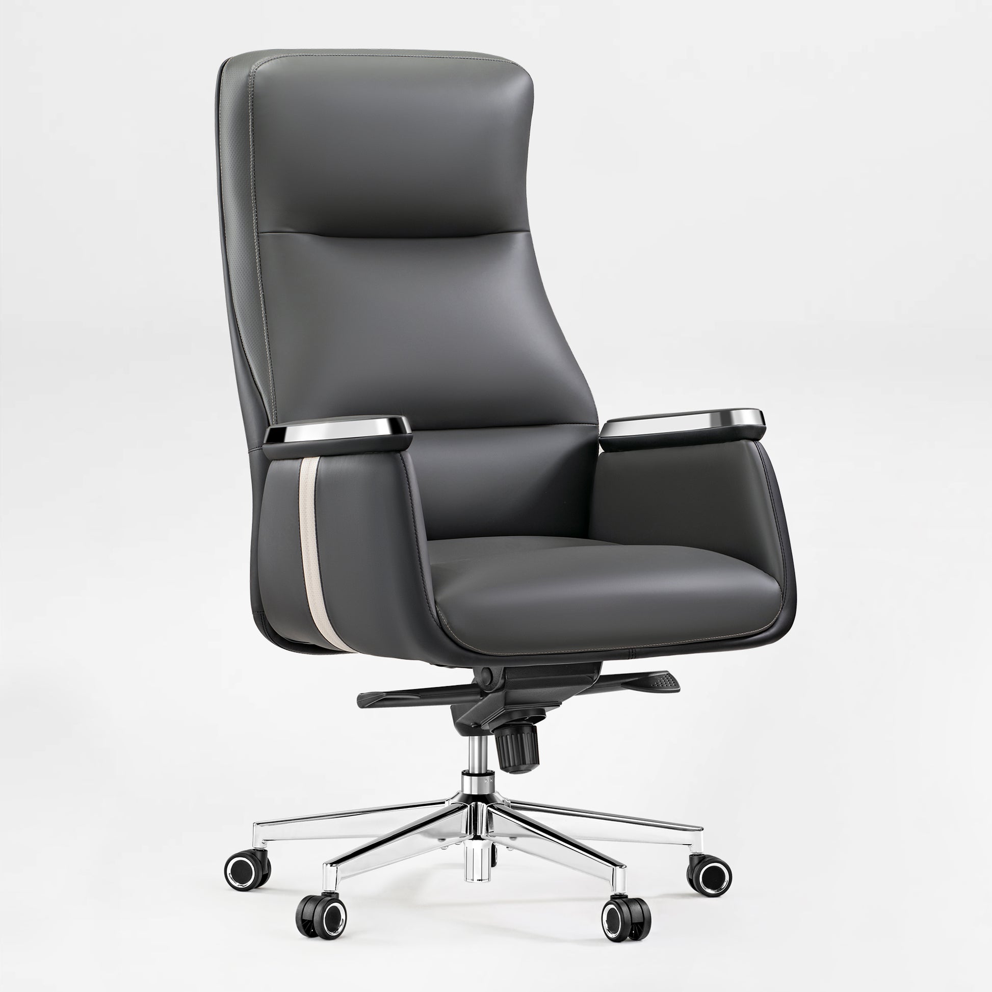 Royal II Executive Ergonomic Office Chair, Gray Leather With Ergonomic Design and Silver Trim.