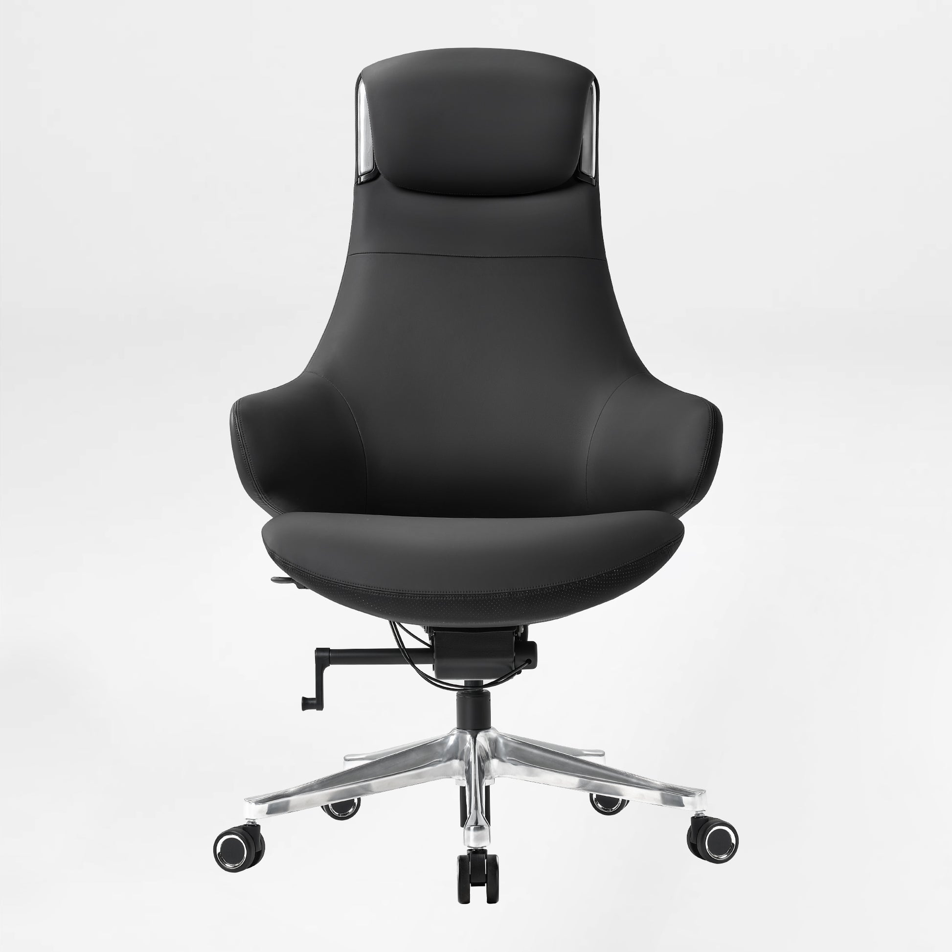 Eureka Ergonomic Serene Ella black Napa leather executive chair with integrated headrest and polished chrome base with casters.
