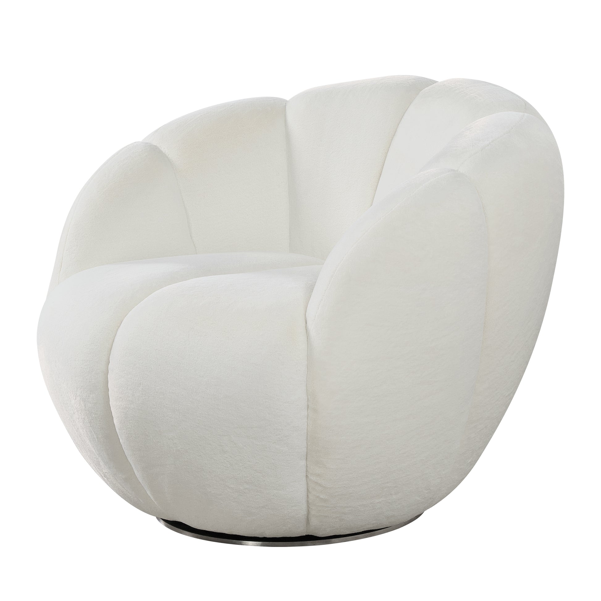 White Adele Swivel Chair, Modern Upholstered Design With Petal Backrest for Living Room.