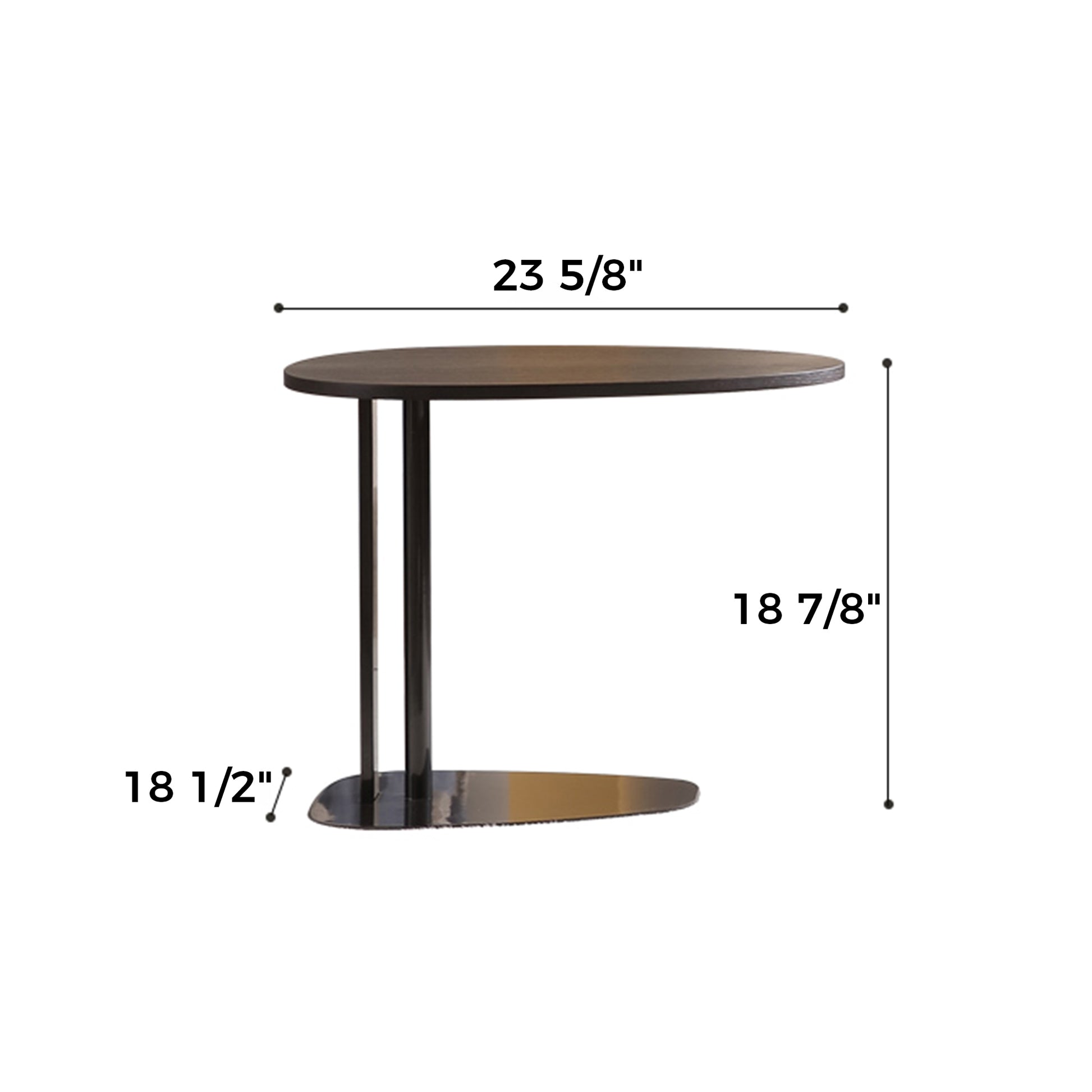 23 Contemporary Side Table With Dark Wood Top and Black Metal Base, Showcasing Dimensions.
