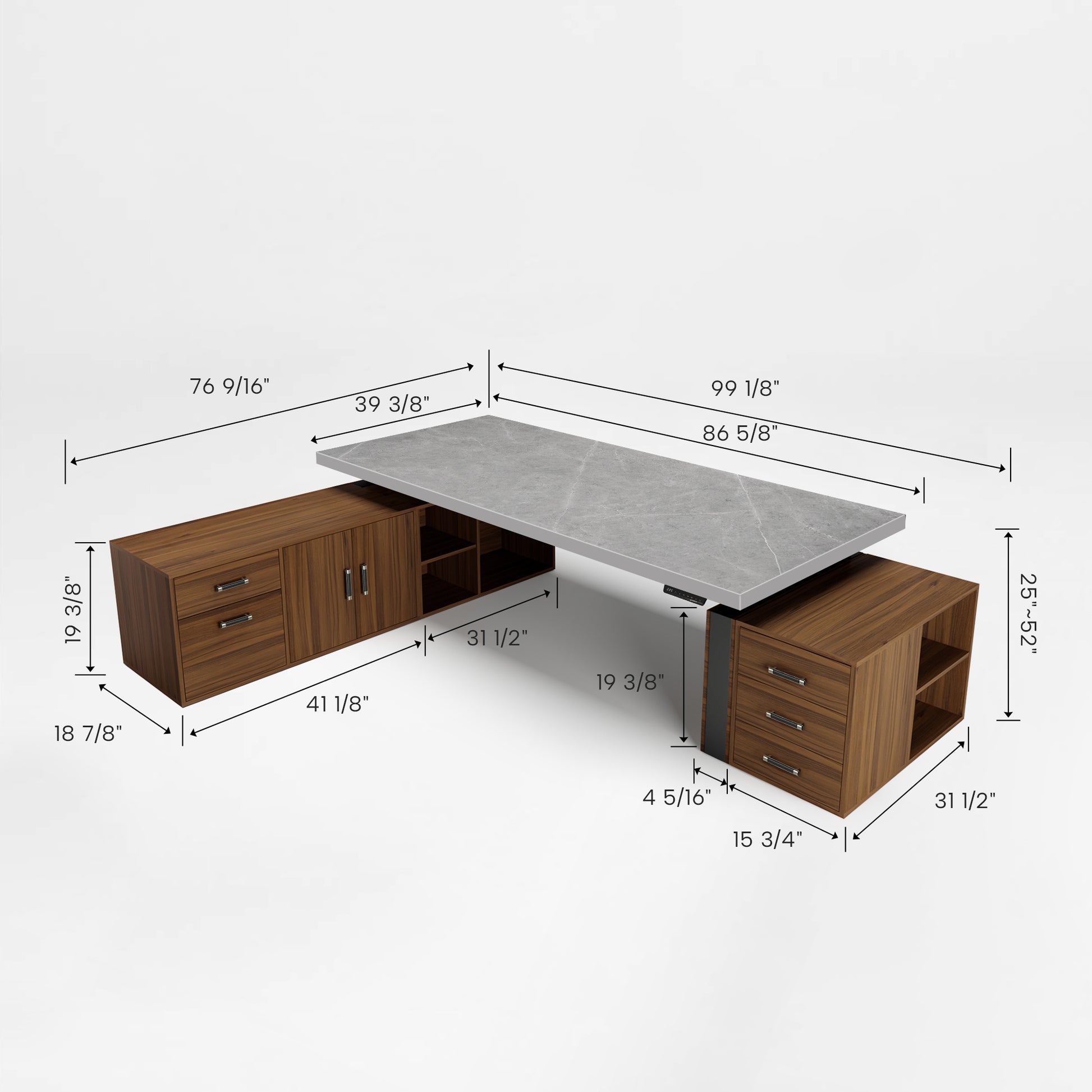 Eureka Zen Pro Executive Standing Desk, Dimensions Labeled: Black Sintered Stone Top, Wood Cabinets, Modern Design.