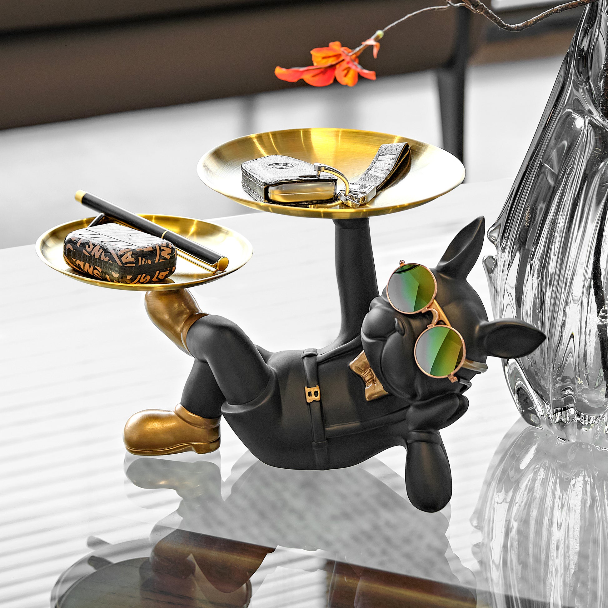 HD-13 Bulldog Storage Ornament, Black Resin Dog With Gold Trays, Luxury Home Decor, Holding Keys & Watches.