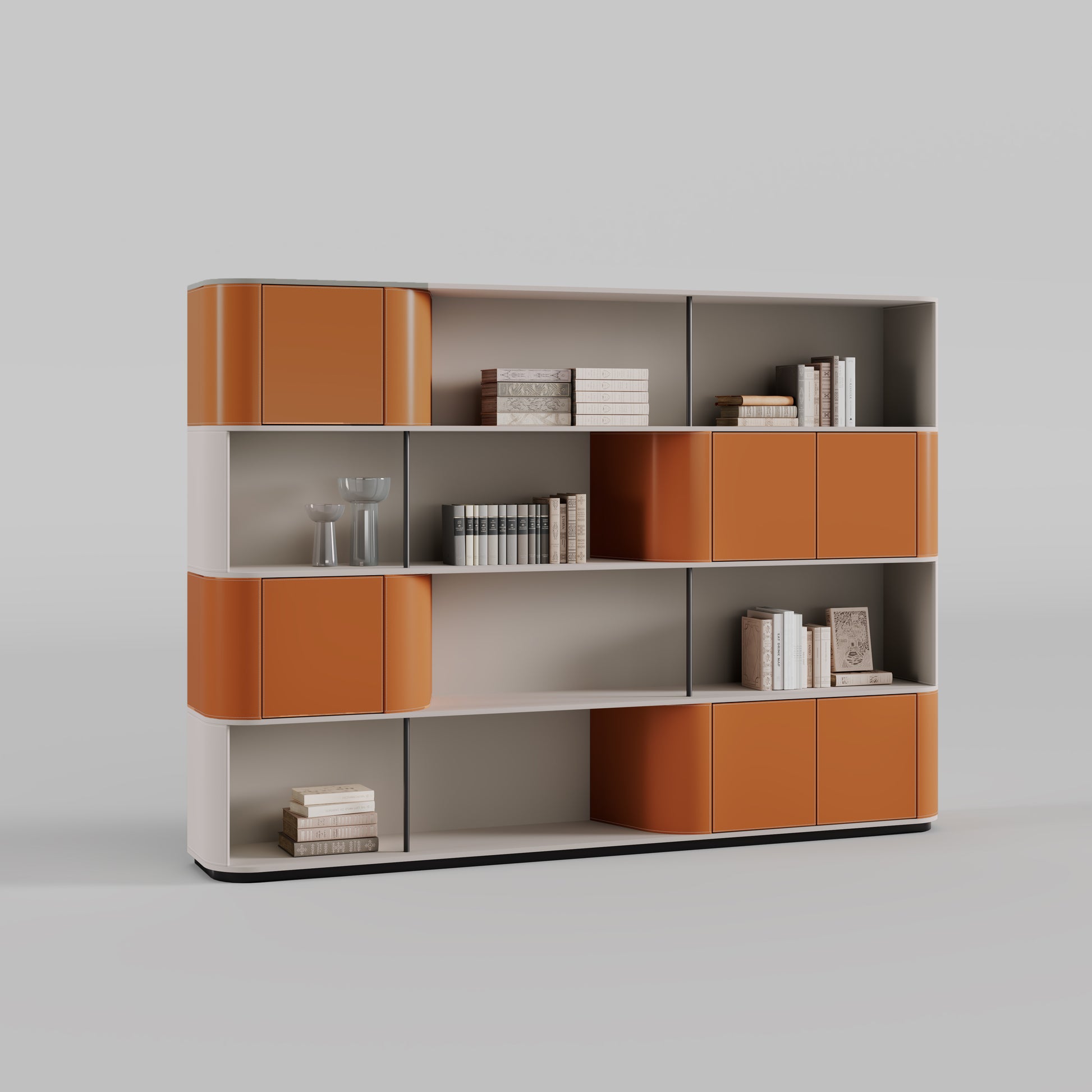 Eureka Ergonomic Zen Altair bookcase with burnt orange faux leather cabinets, open shelves, and light wood veneer frame.