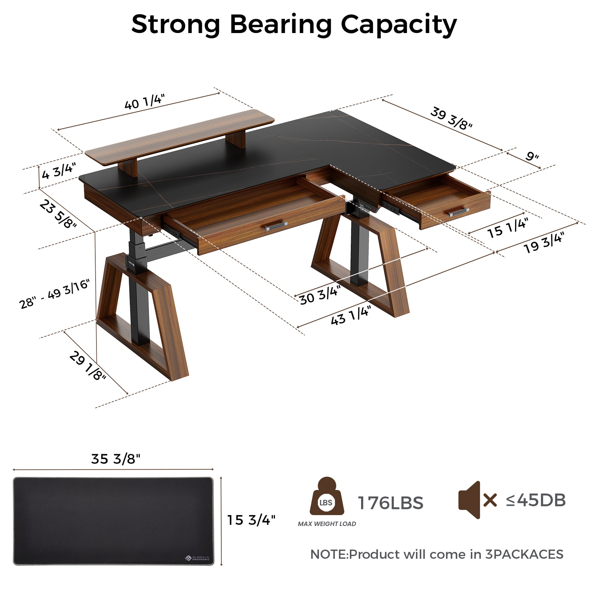 Ark Pro L-Shaped Standing Desk Diagram, Black Sintered Stone Top, Wood Accents, Height Adjustable, Dimensions.