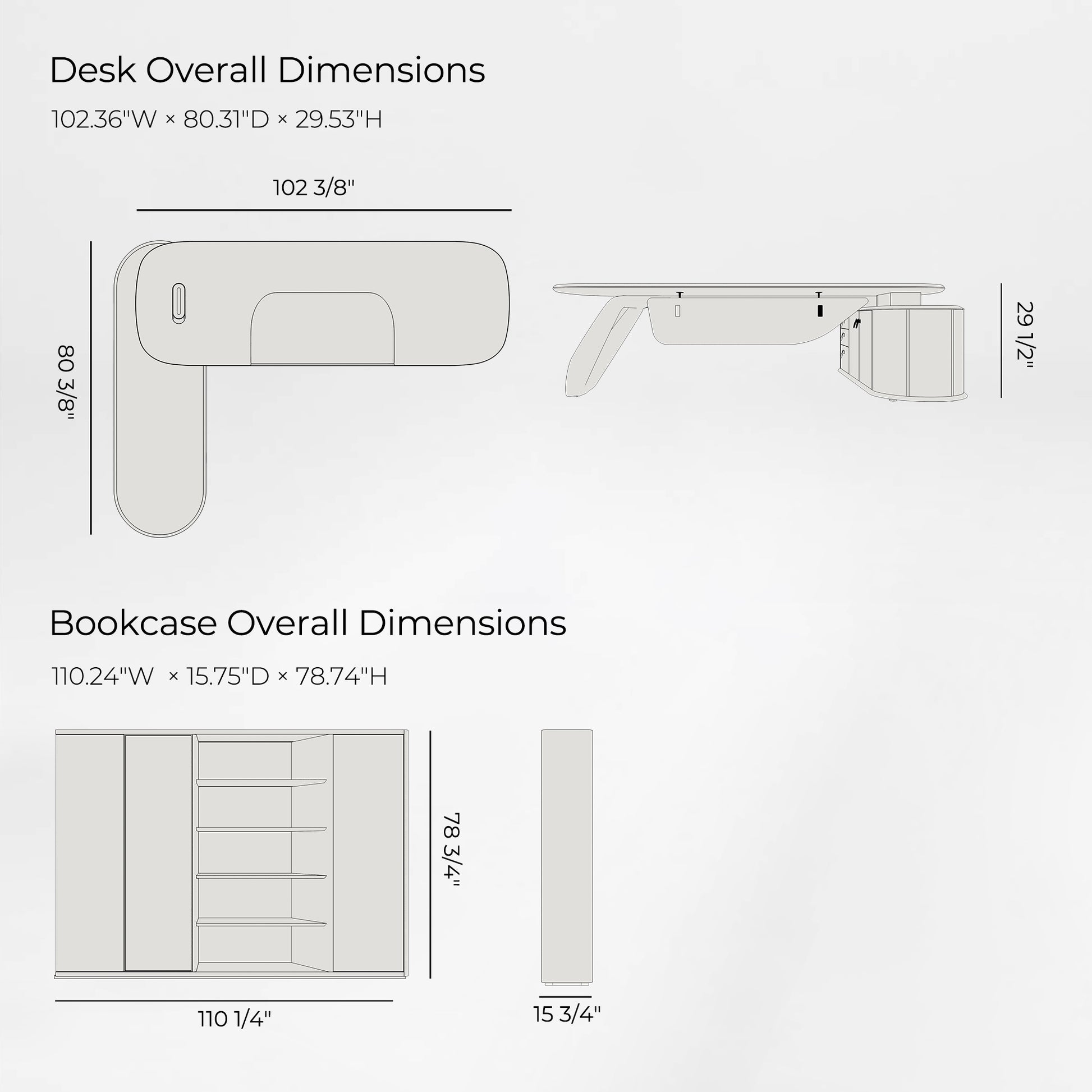 Eureka Ergonomic Zen Orion desk & bookcase dimensions: Desk 102.36"W x 80.31"D x 29.53"H, Bookcase 110.24"W x 15.75"D x 78.74"H.