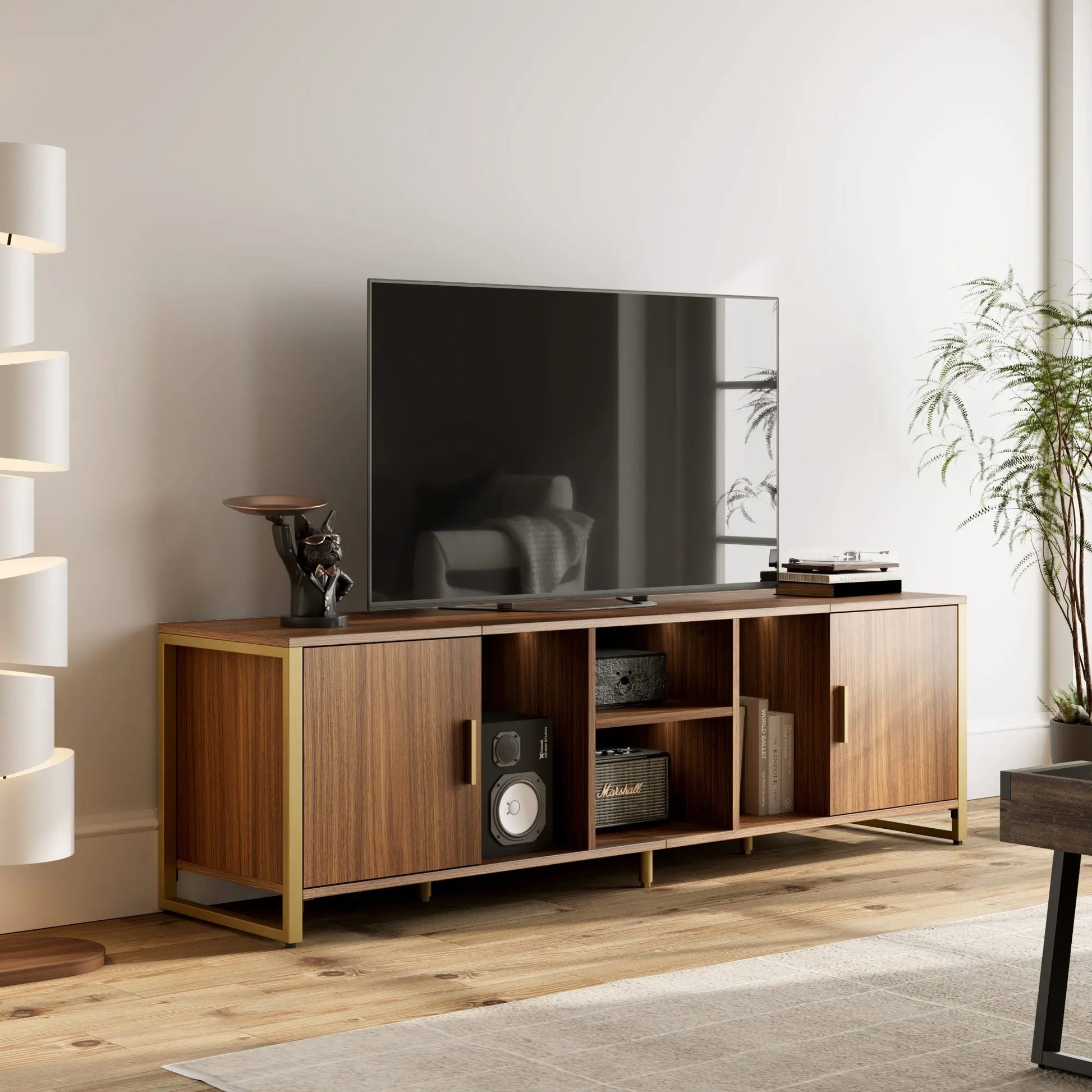 Sonoma 70 Tv Stand Media Console, Wood Grain Finish, Gold Accents, Modern Decor.