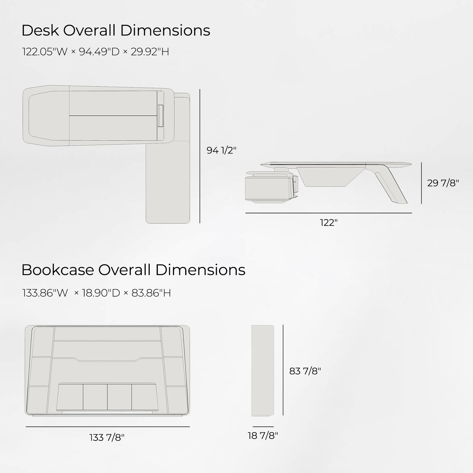 Eureka Ergonomic Zen Lunar desk & bookcase dimensions: 122"W x 94.5"D x 29.9"H desk, 133.9"W x 18.9"D x 83.9"H bookcase. Line drawing.
