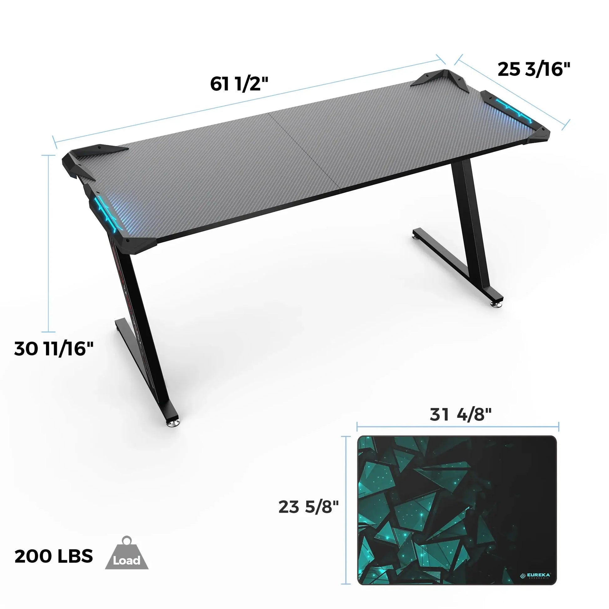 Eureka Ergonomic Z-Shaped Gaming Desk With Carbon Fiber Surface and Rgb Lighting, 200Lbs Capacity, 61X25.