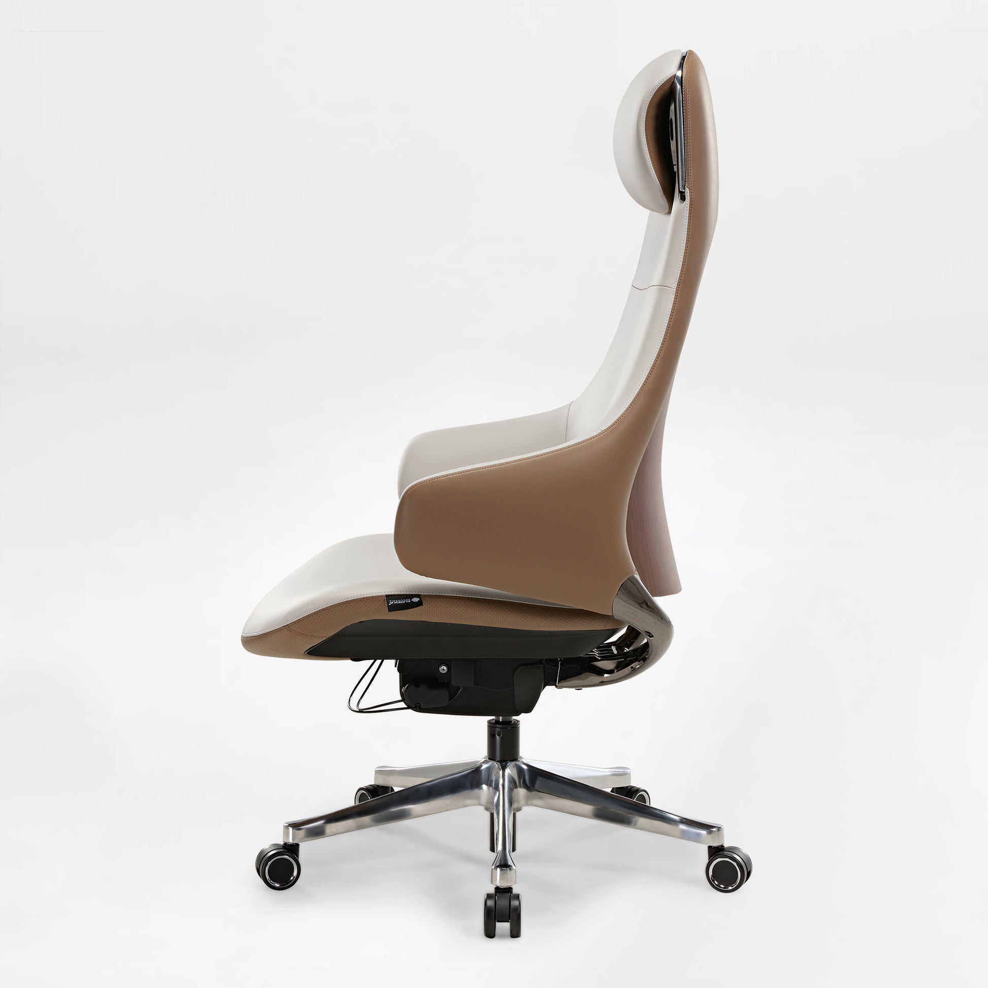 Eureka Ergonomic Serene Ella executive chair side view: dual-tone cream & tan Napa leather, chrome base with casters.